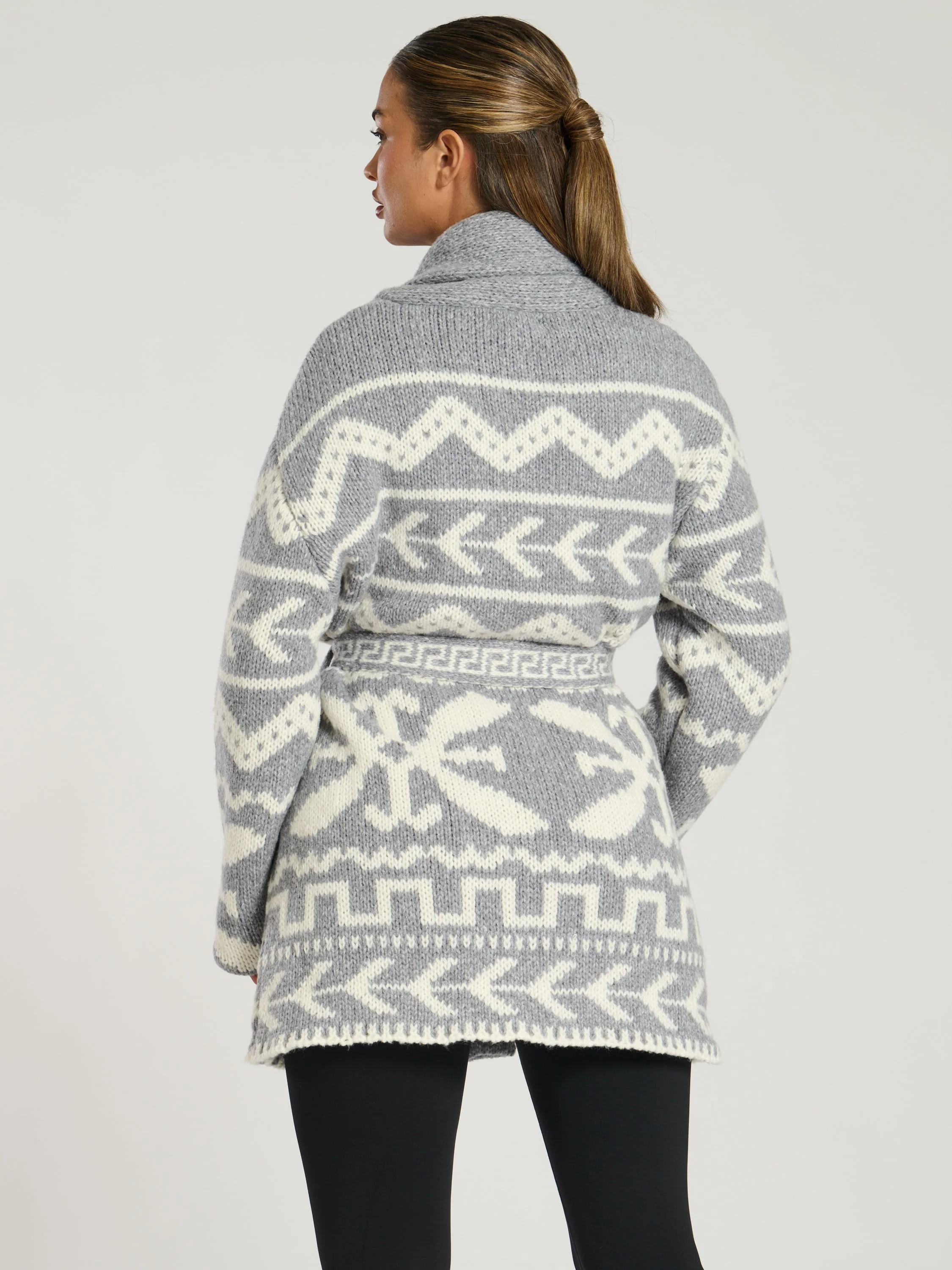 Hygee Aztec Tie Waist Knitted Cardigan in Grey - Image 2