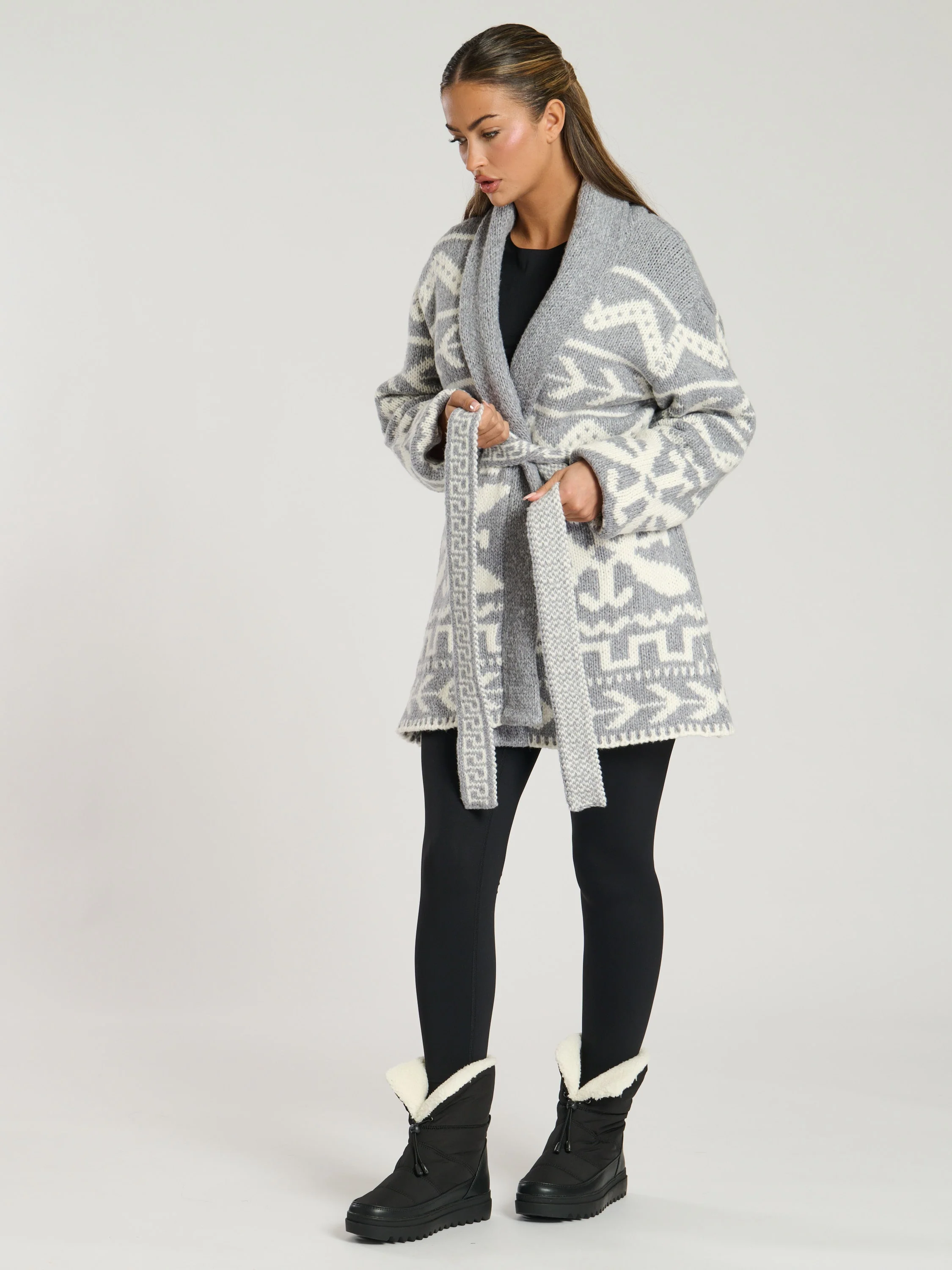 Hygee Aztec Tie Waist Knitted Cardigan in Grey - Image 3