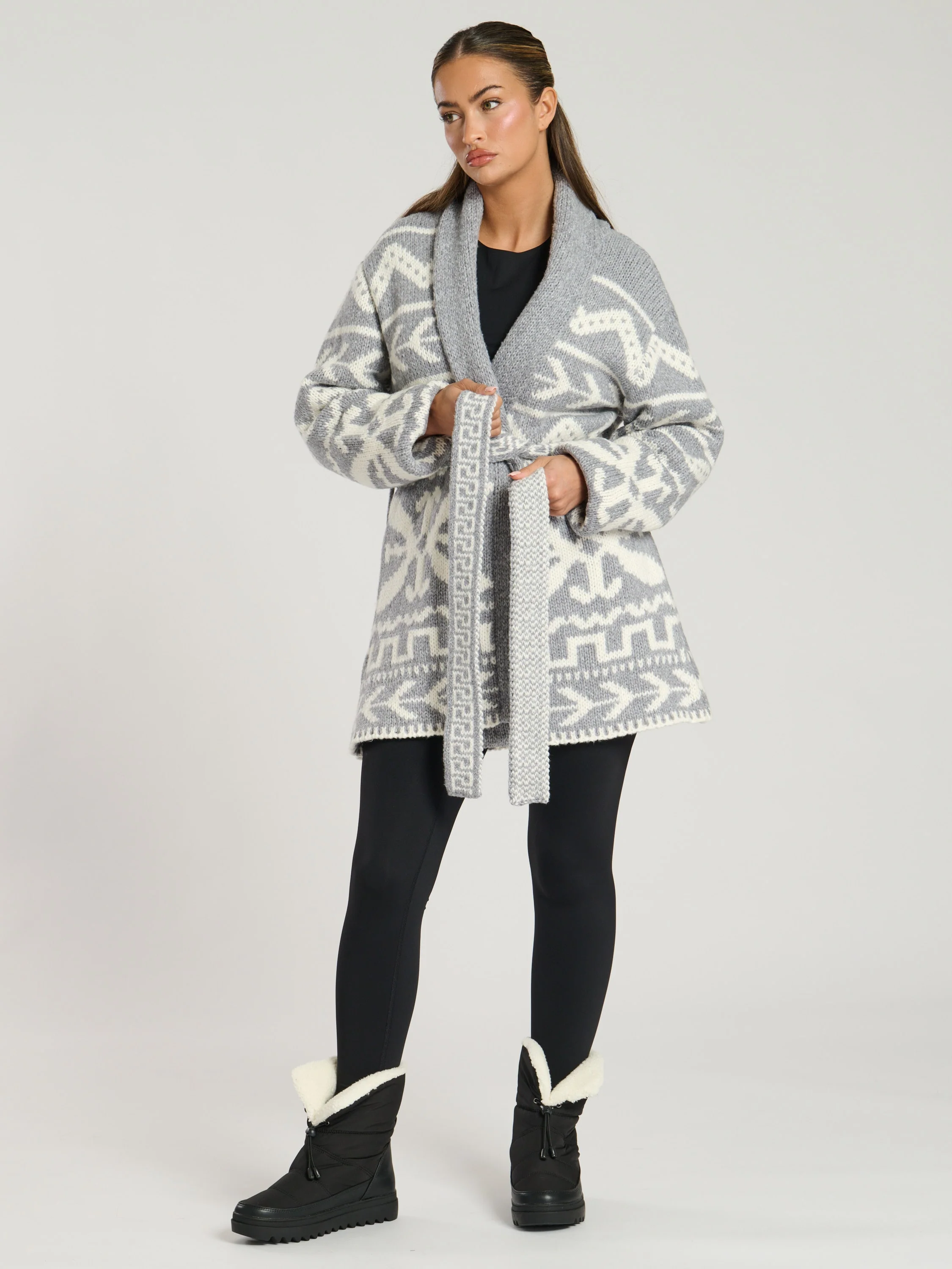Hygee Aztec Tie Waist Knitted Cardigan in Grey - Image 4