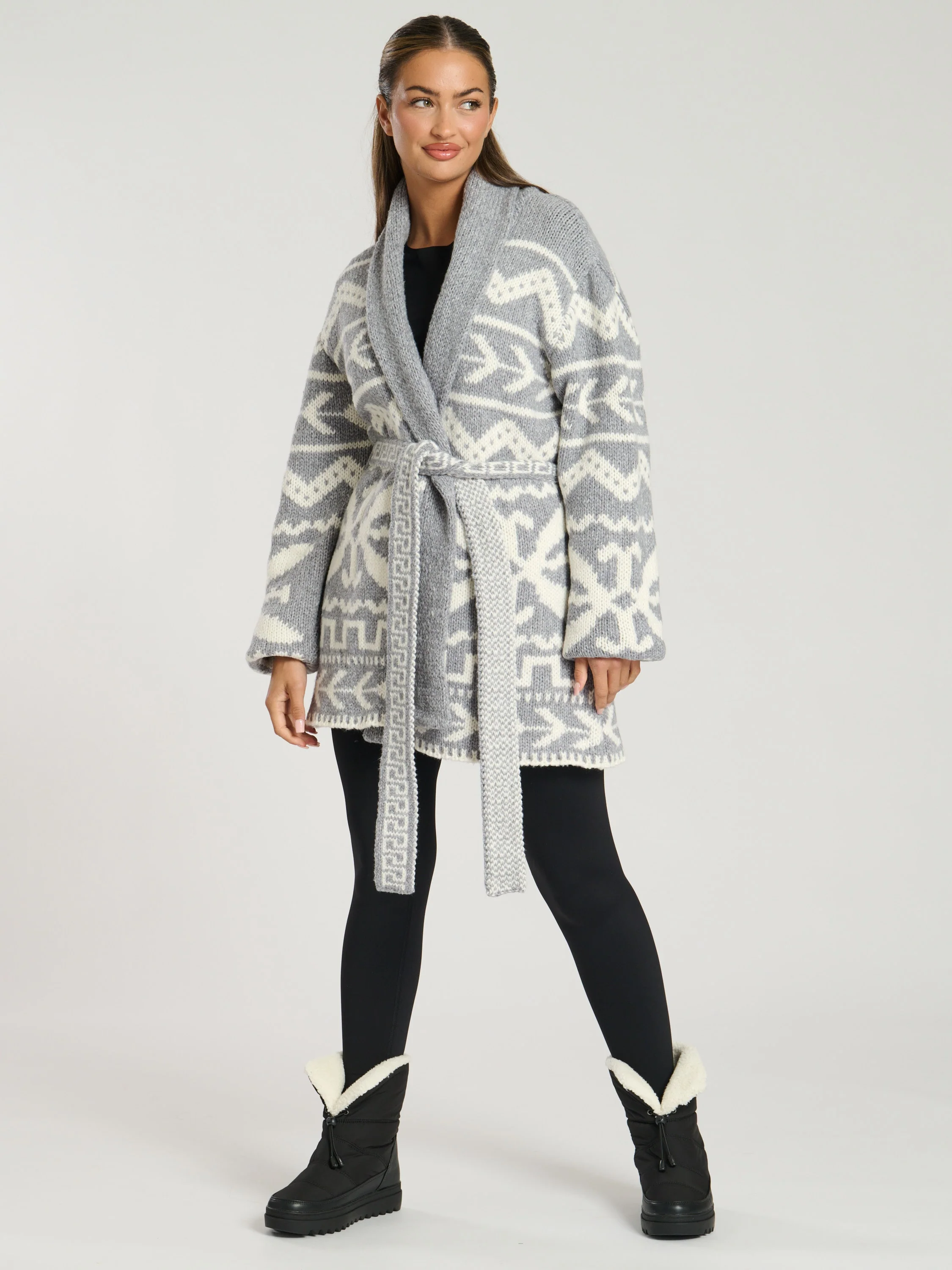 Hygee Aztec Tie Waist Knitted Cardigan in Grey - Image 5
