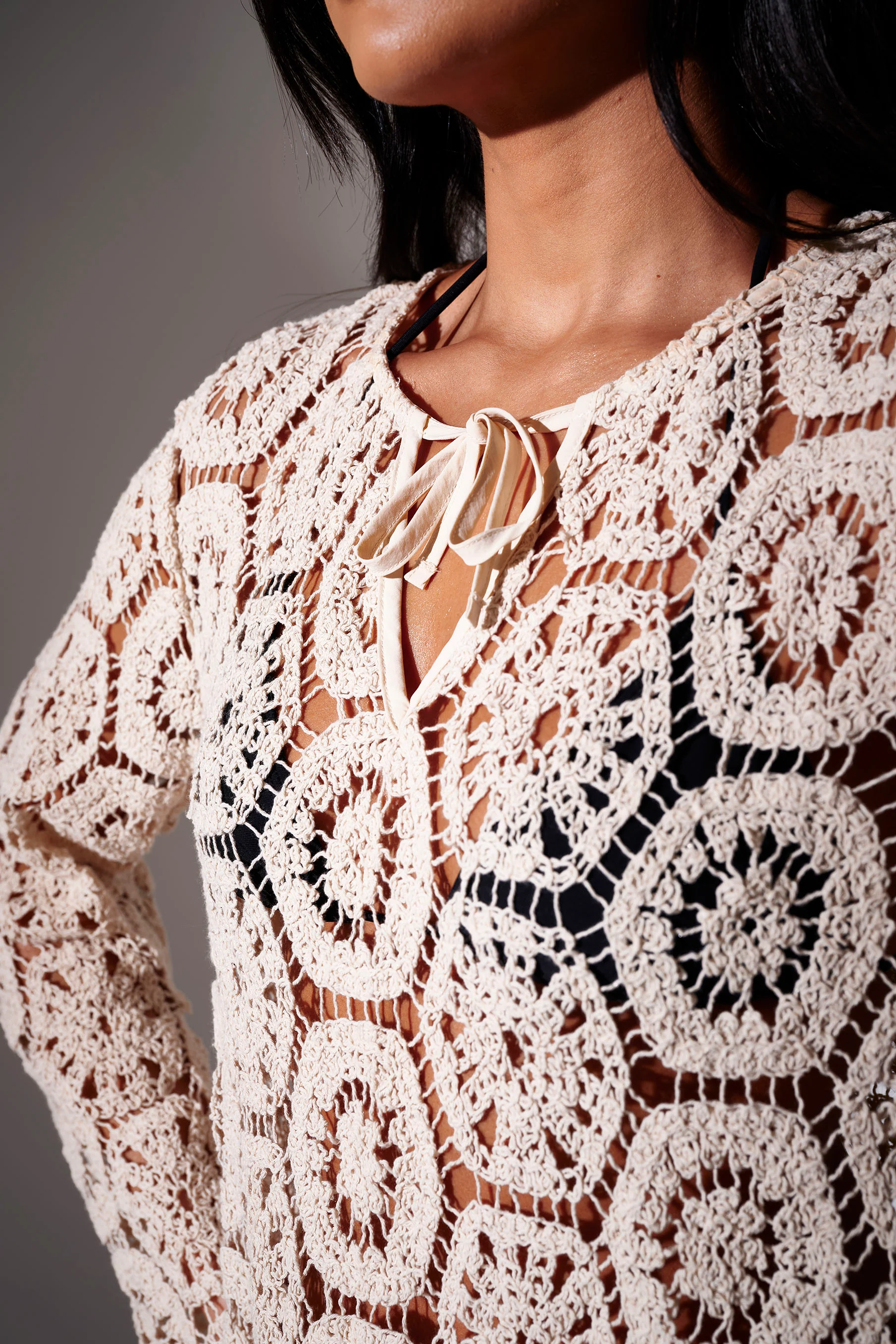 Edie Crochet Mini Dress in Beige - Image 3