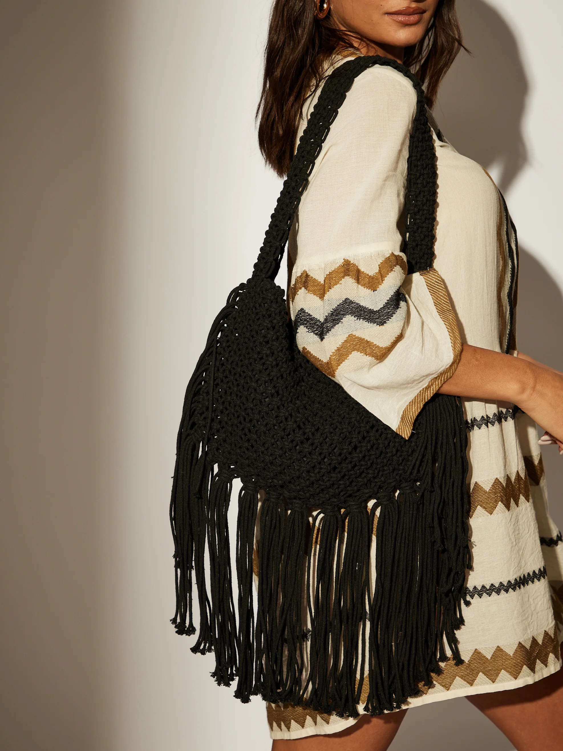 100% Cotton Fringe Bag in Black - Image 3