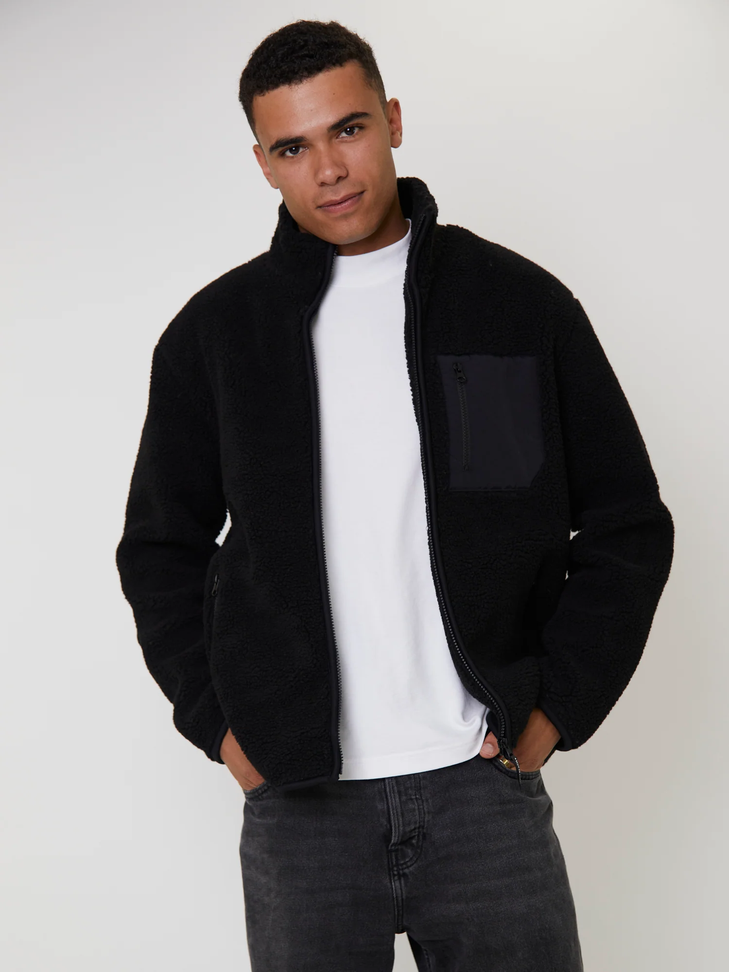 Men's Black Borg Zip Jacket With Pocket - Image 2
