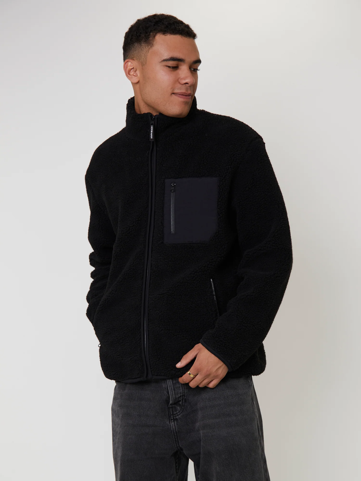 Men's Black Borg Zip Jacket With Pocket - Image 4