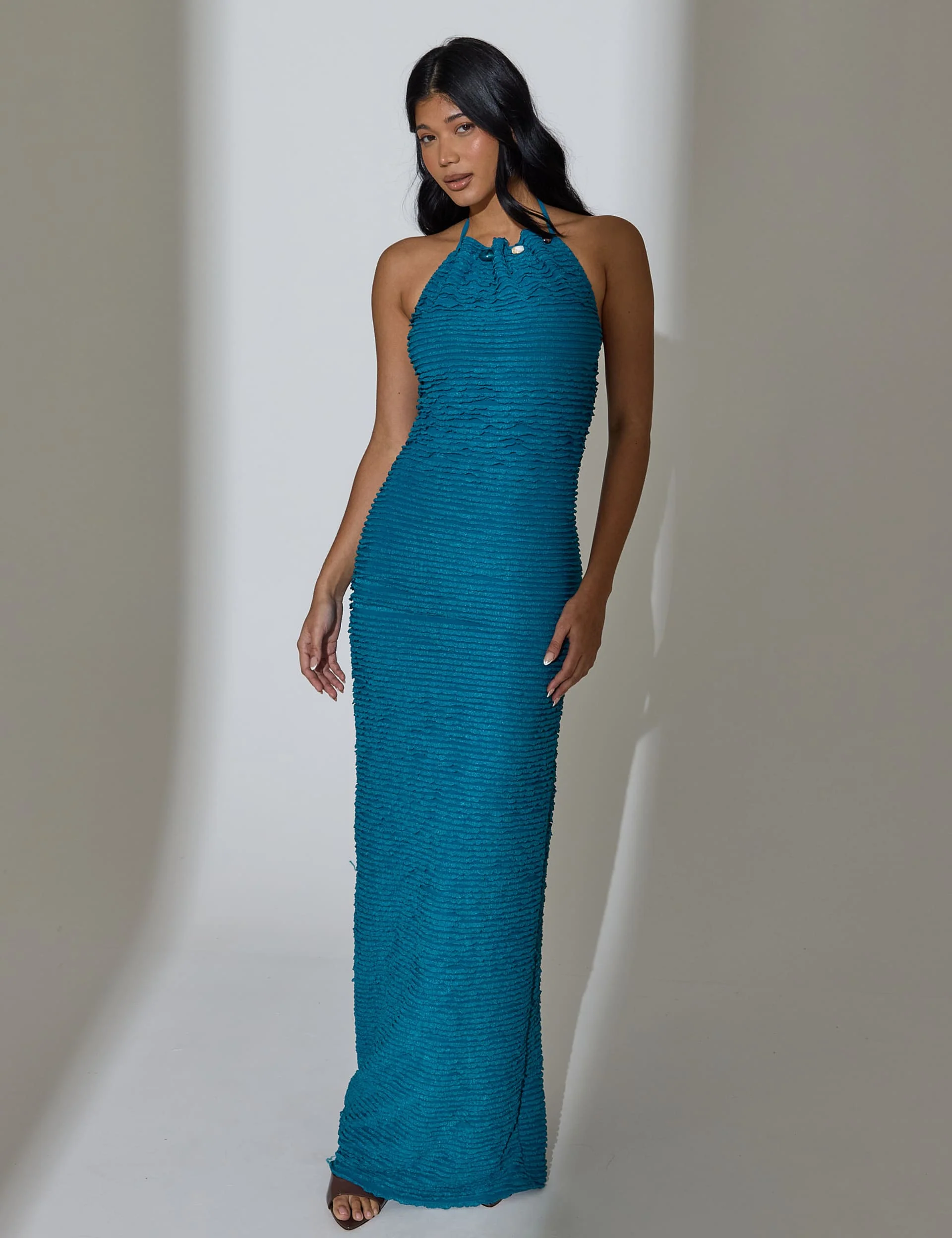 Esme Textured Halterneck Maxi Dress in Blue - Image 3