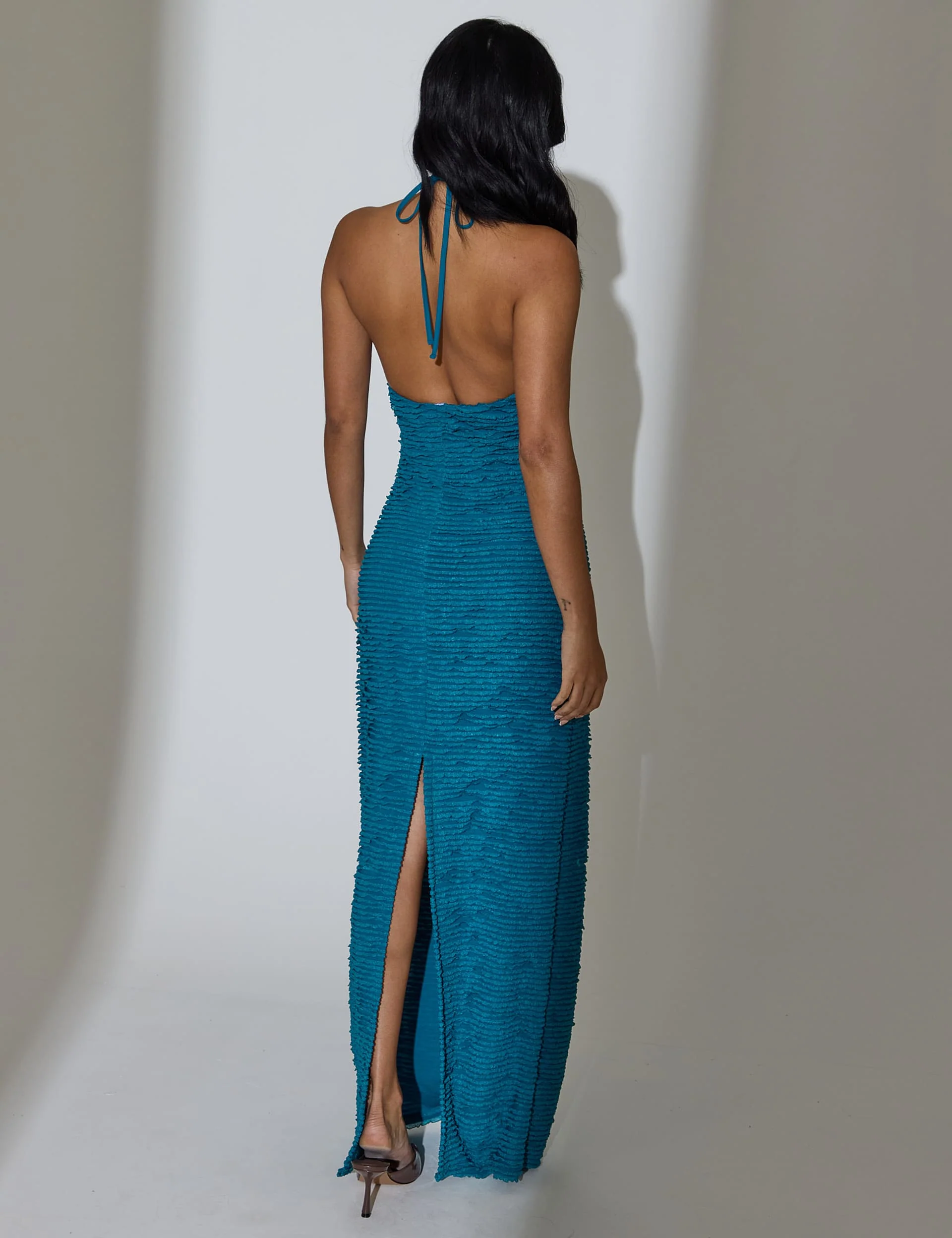 Esme Textured Halterneck Maxi Dress in Blue - Image 4