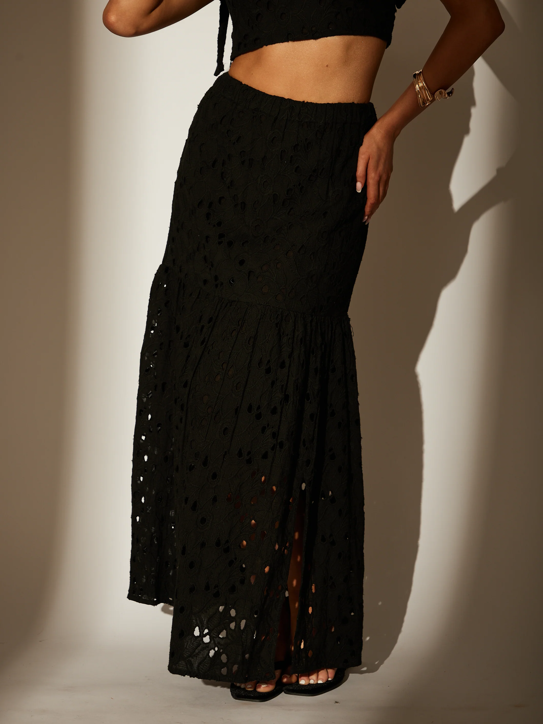 Delilah Black Broderie Maxi Skirt - Image 3