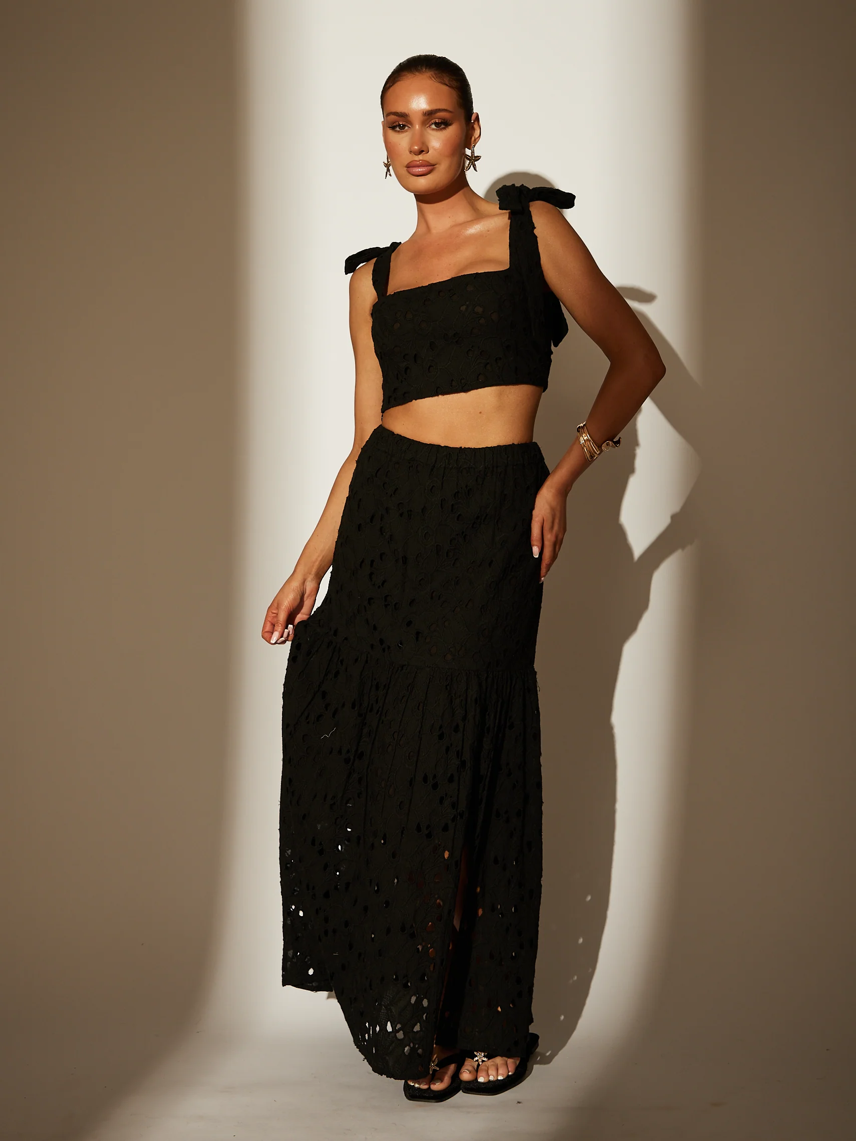 Bunny Tie Shoulder Cropped Top in Black - Image 5