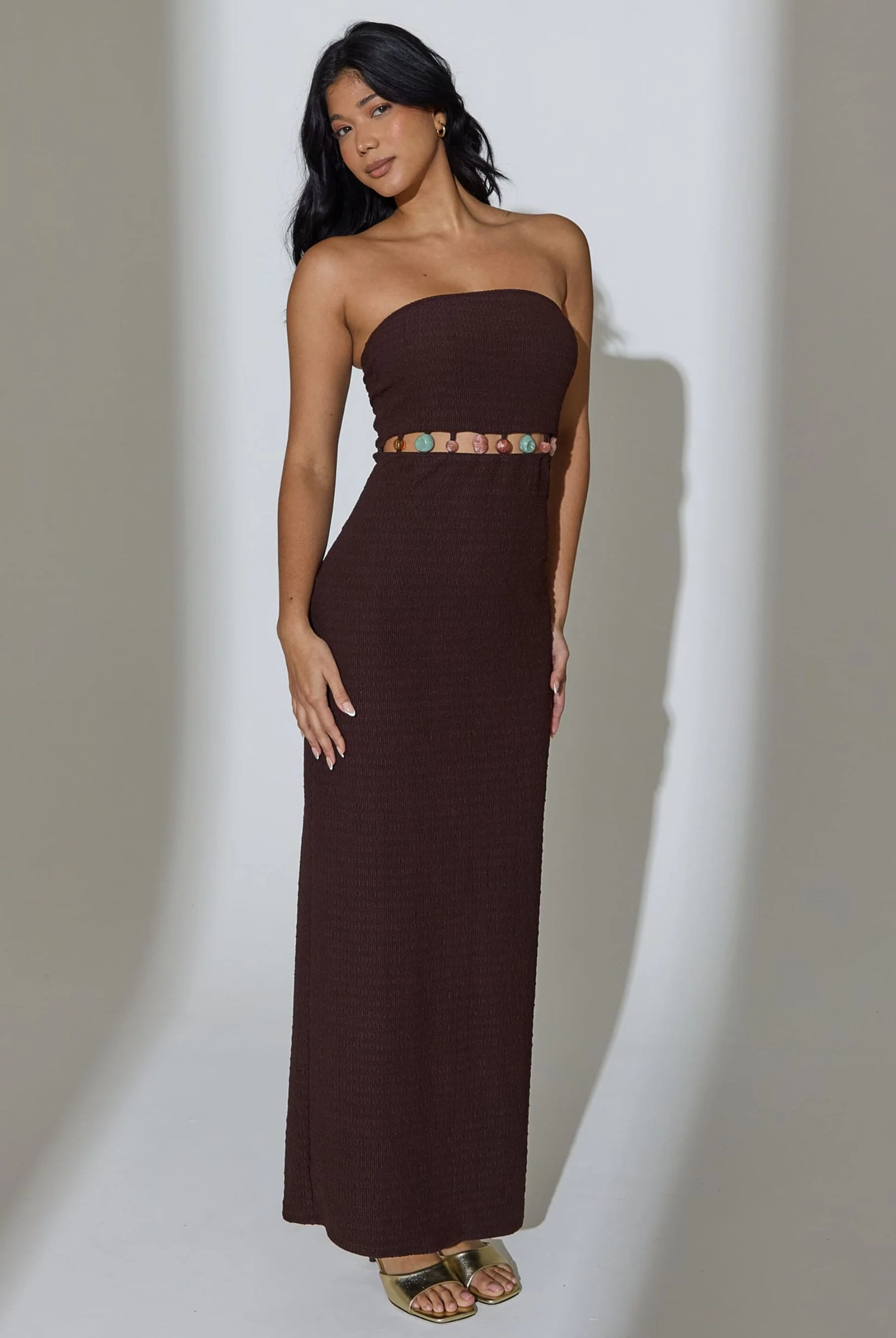 Lexi Beaded Waist Bandeau Maxi Dress in Brown - Image 3