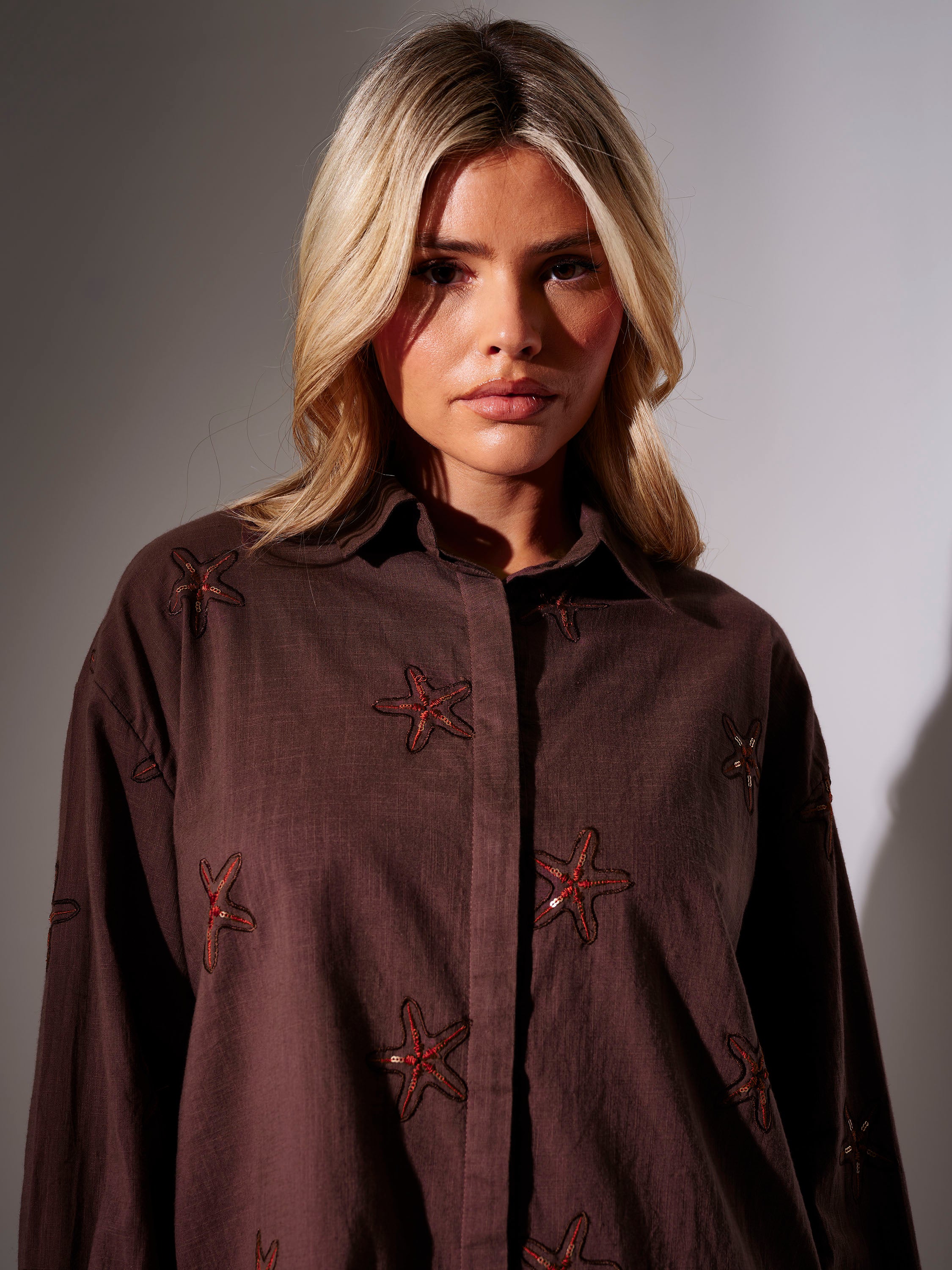 Breeze Embroidered Starfish Shirt in Brown - Image 2