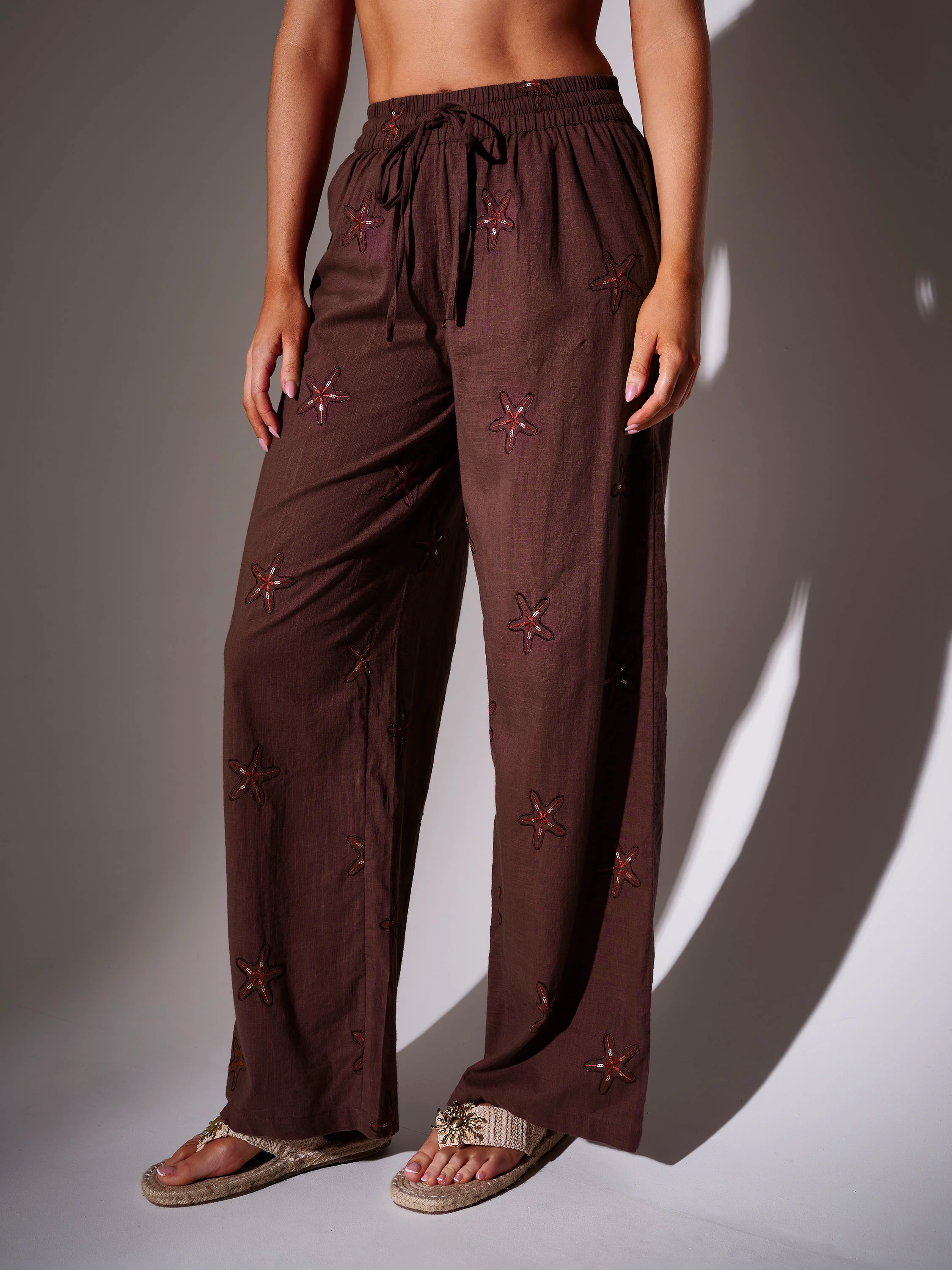 Palms Embroidered Starfish Trousers in Brown - Image 2