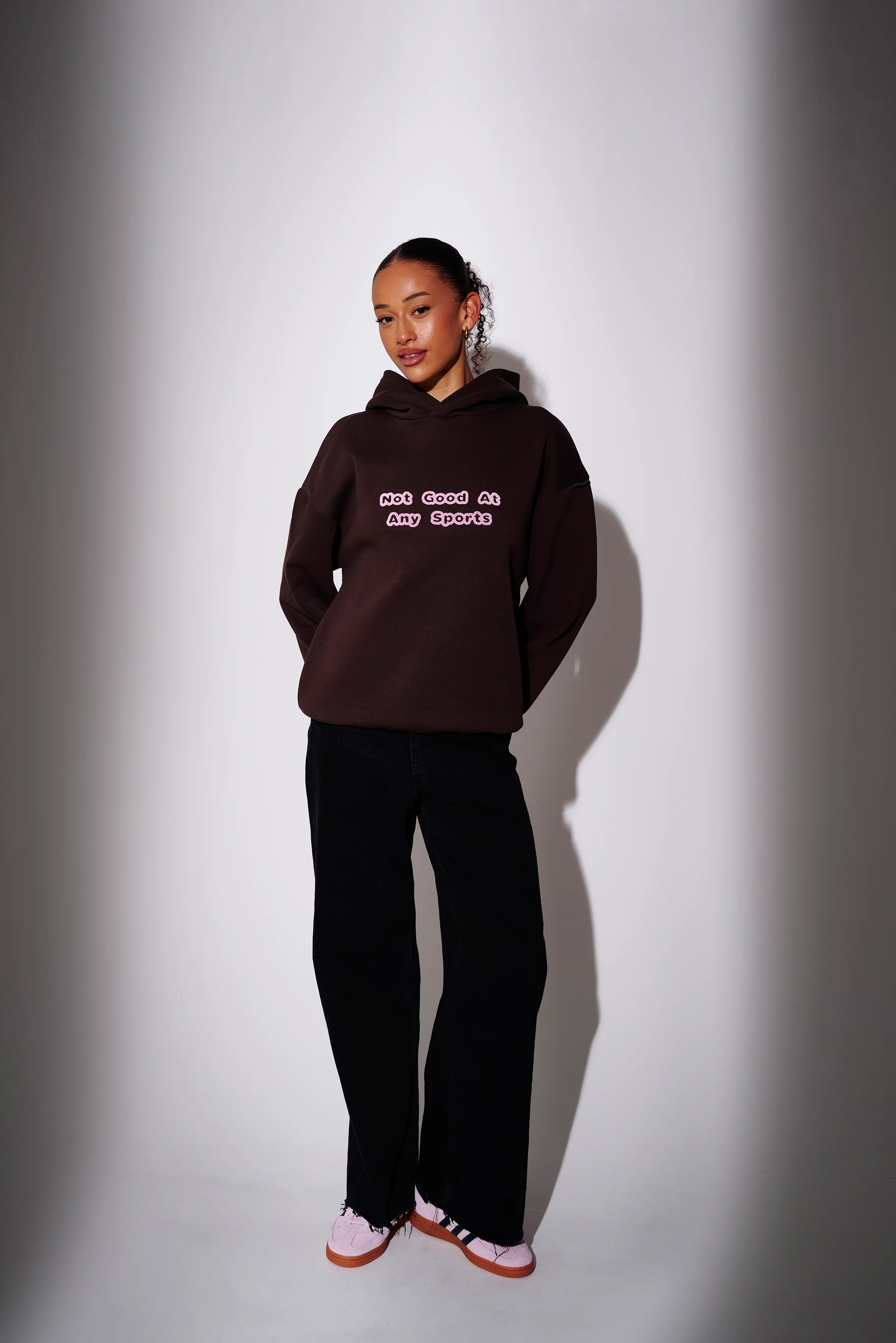 Not Good At Any Sports Graphic Hoodie in Brown & Pink - Image 3