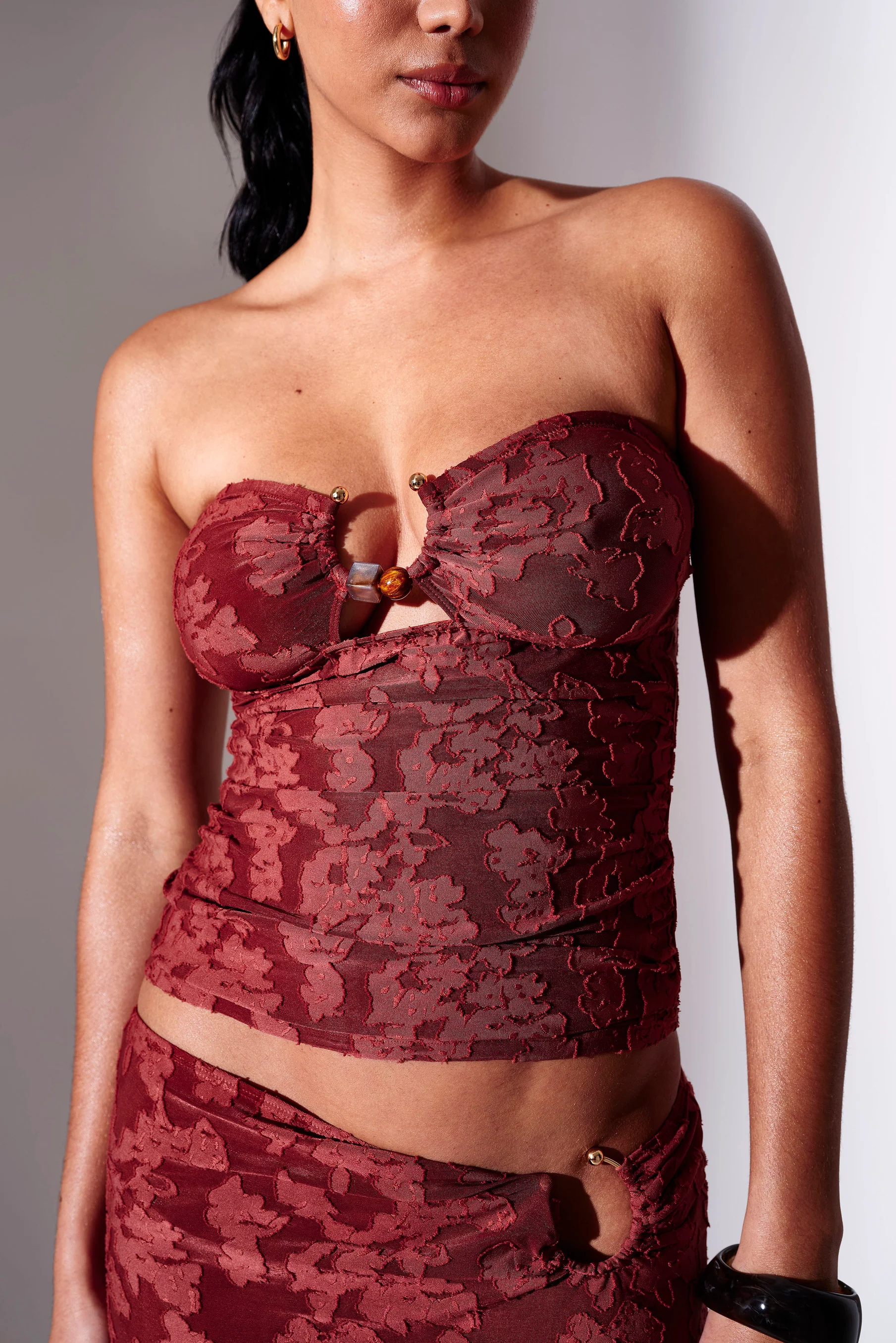 Solana Ring Detail Bandeau Top in Burgundy - Image 2