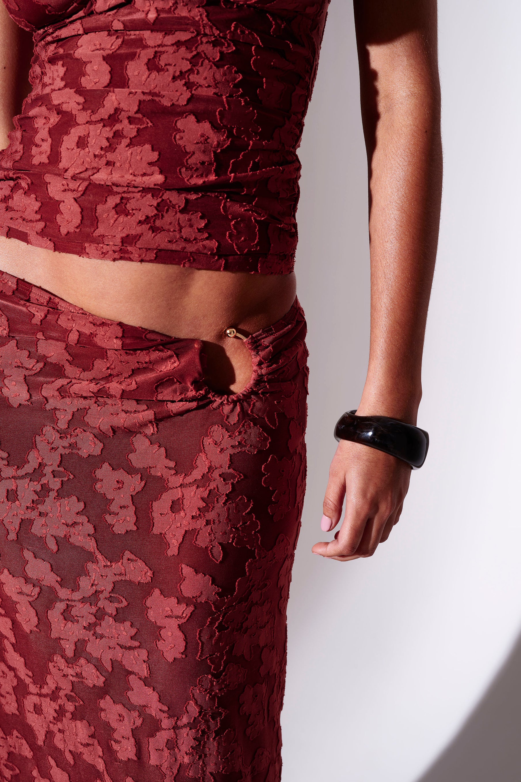 Phoenix Ring Detail Maxi Skirt in Burgundy - Image 2