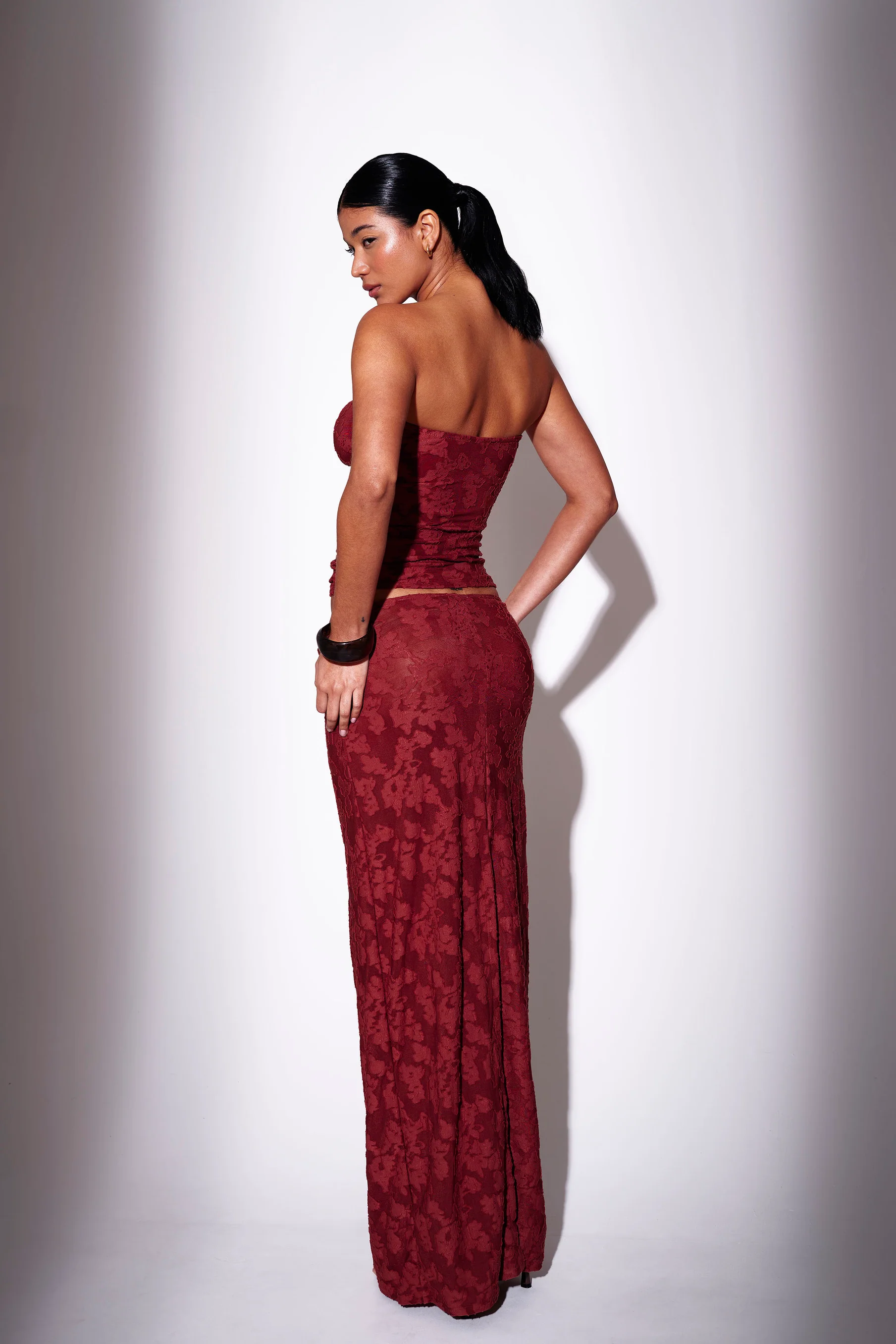 Phoenix Ring Detail Maxi Skirt in Burgundy - Image 4