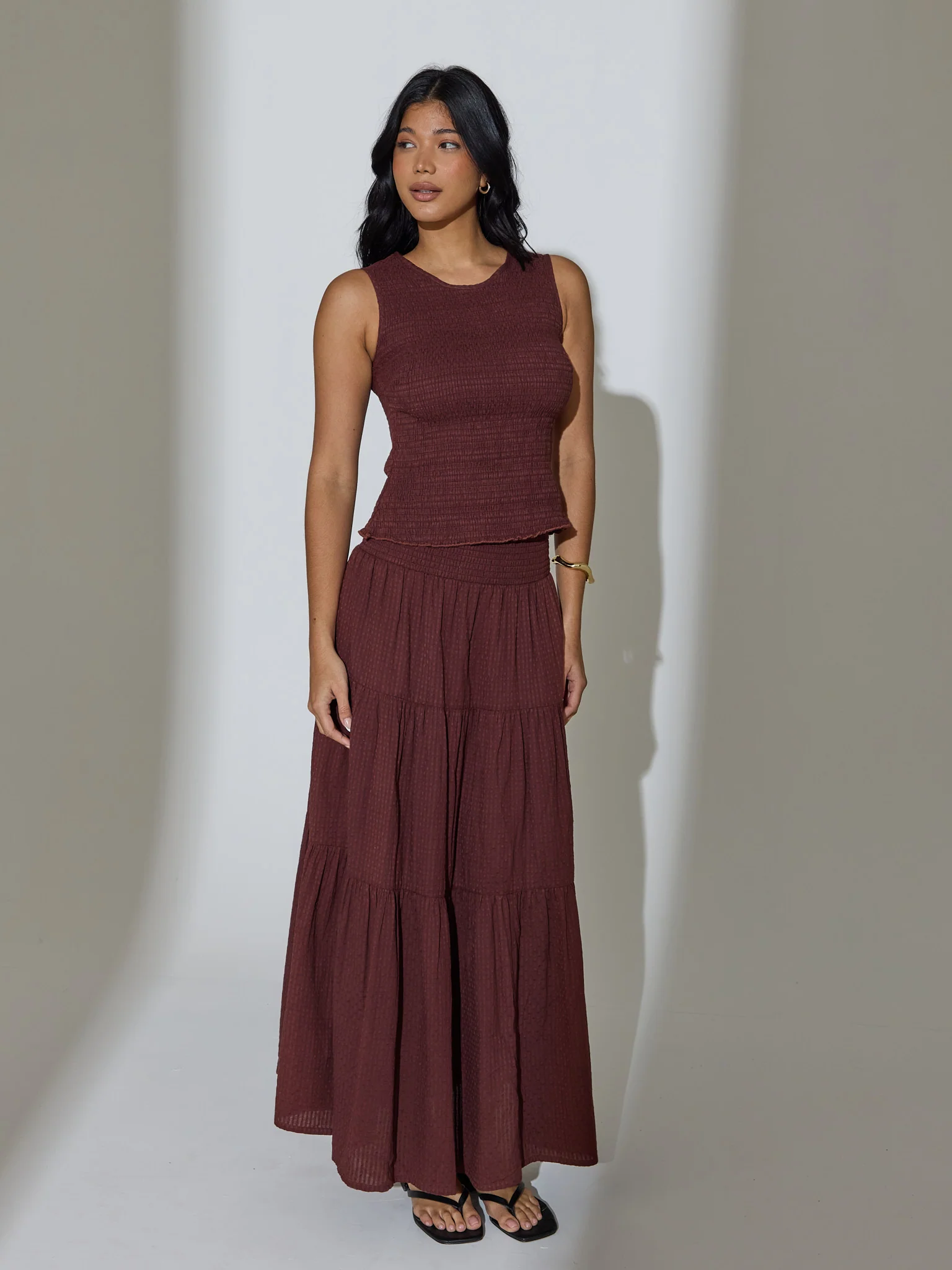 Poppy Shirred Cotton Maxi Skirt in Brown - Image 2