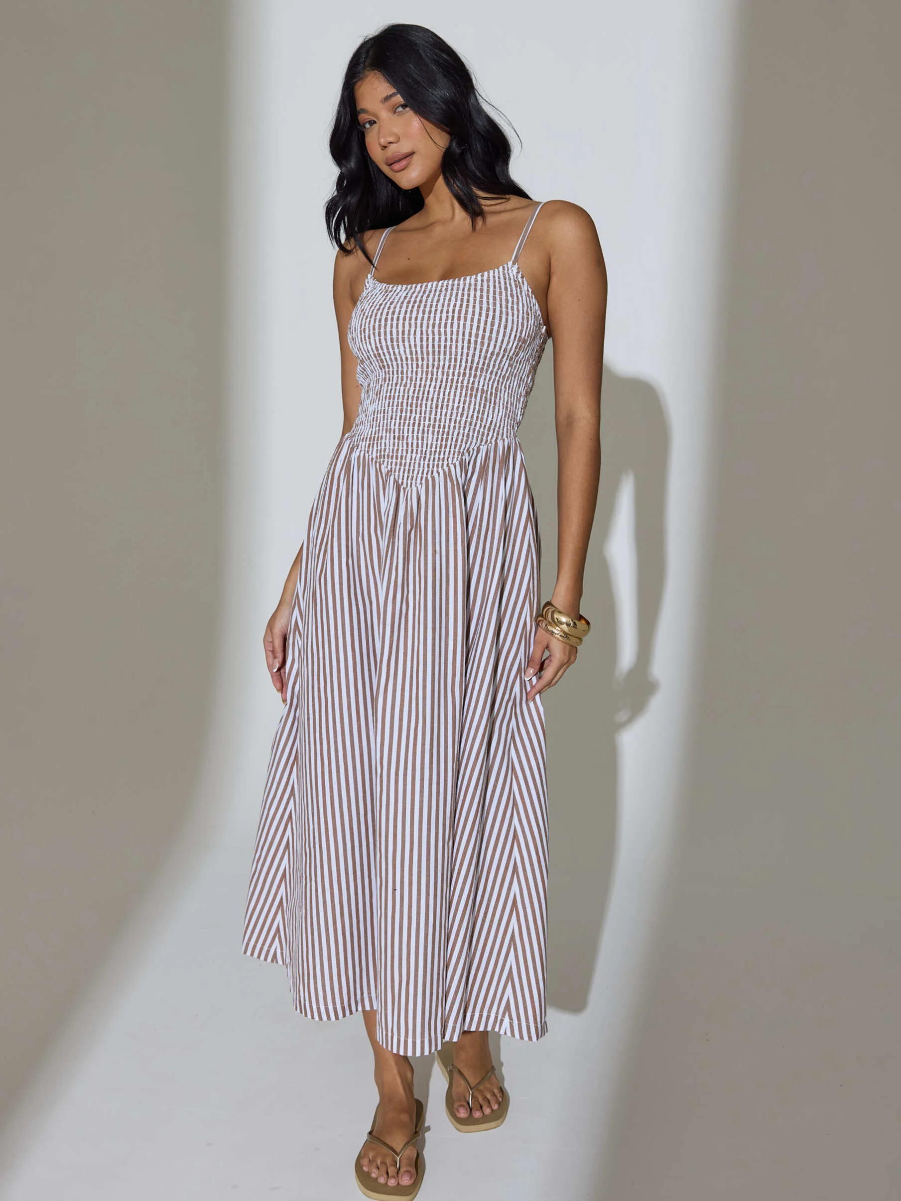 Eden Striped Smocked Waist Maxi Dress in Brown - Image 4
