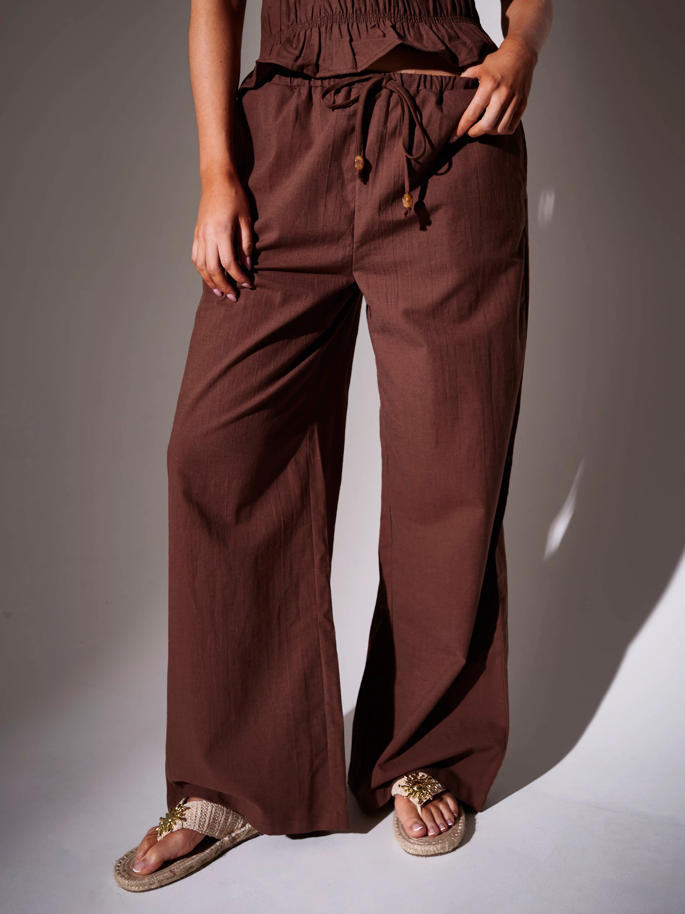 Roam Bead Detail Trousers in Brown - Image 2