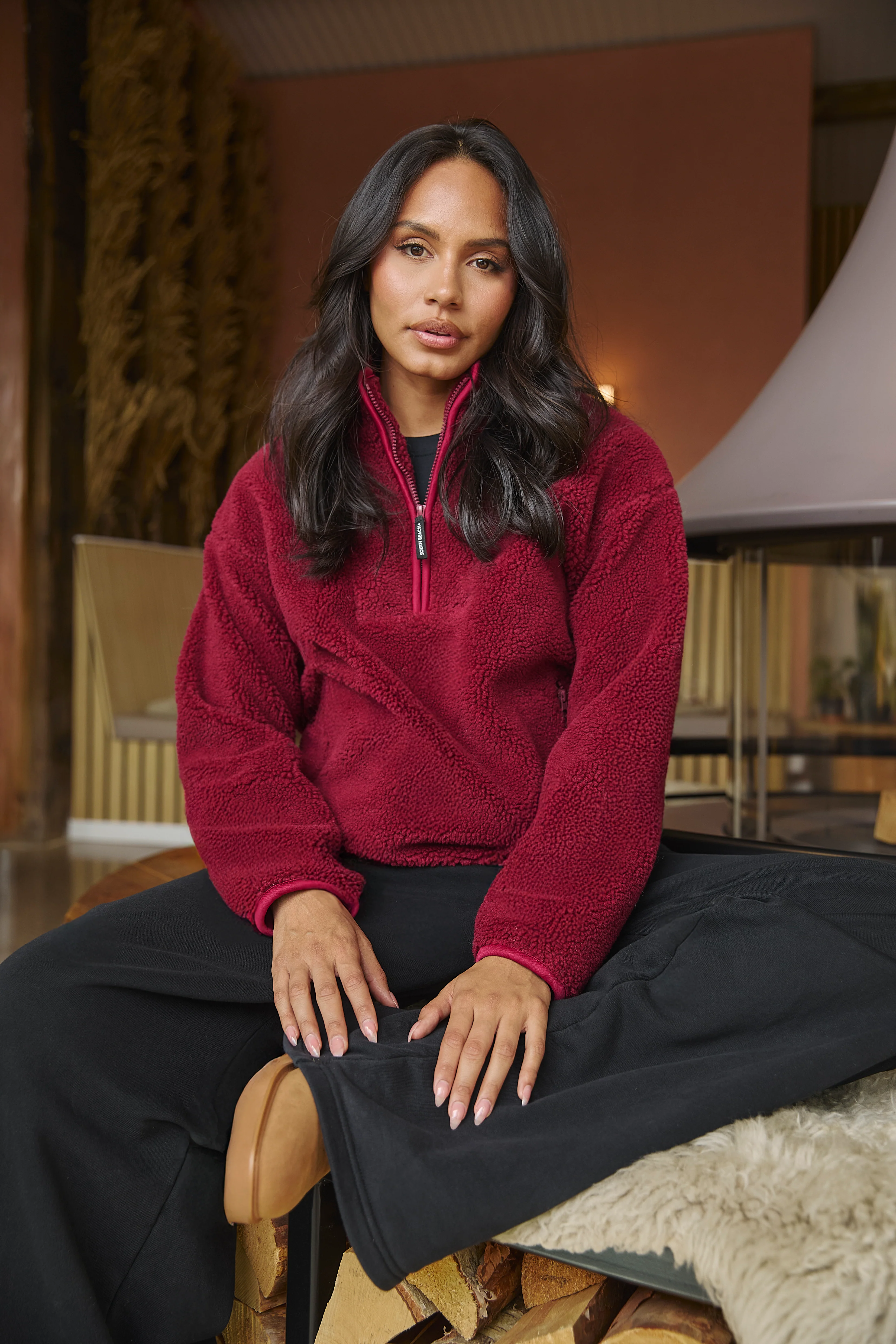 Teddy 1/4 Zip in Burgundy - Image 2