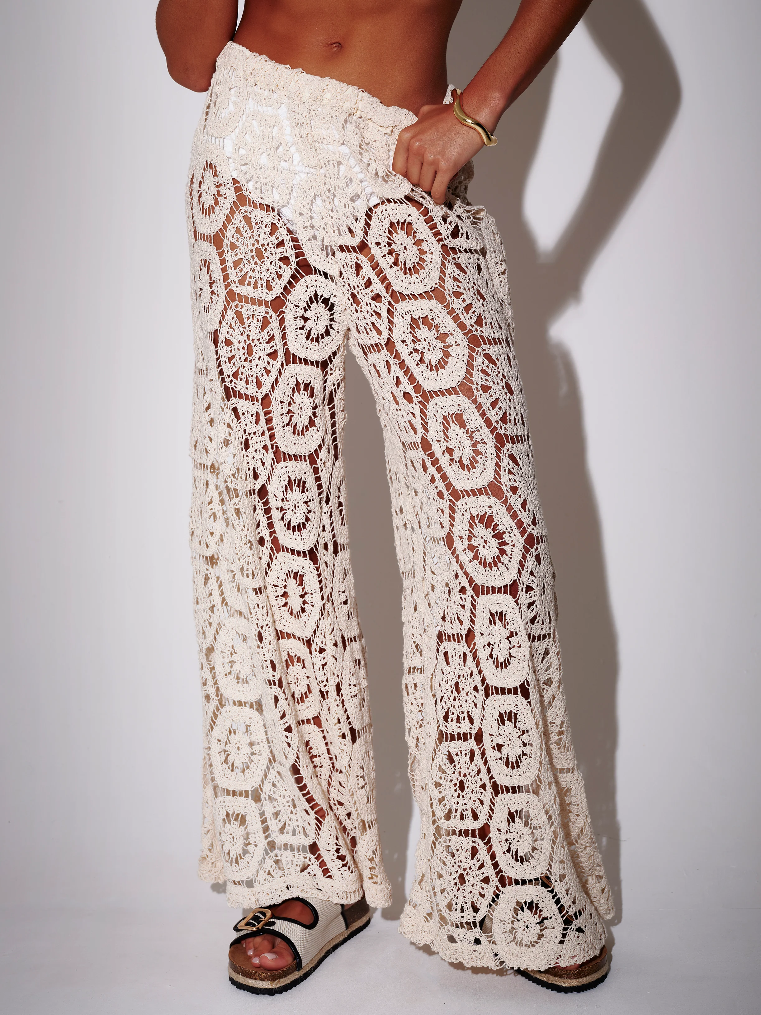 Praya Crochet Beach Trousers in Cream - Image 2