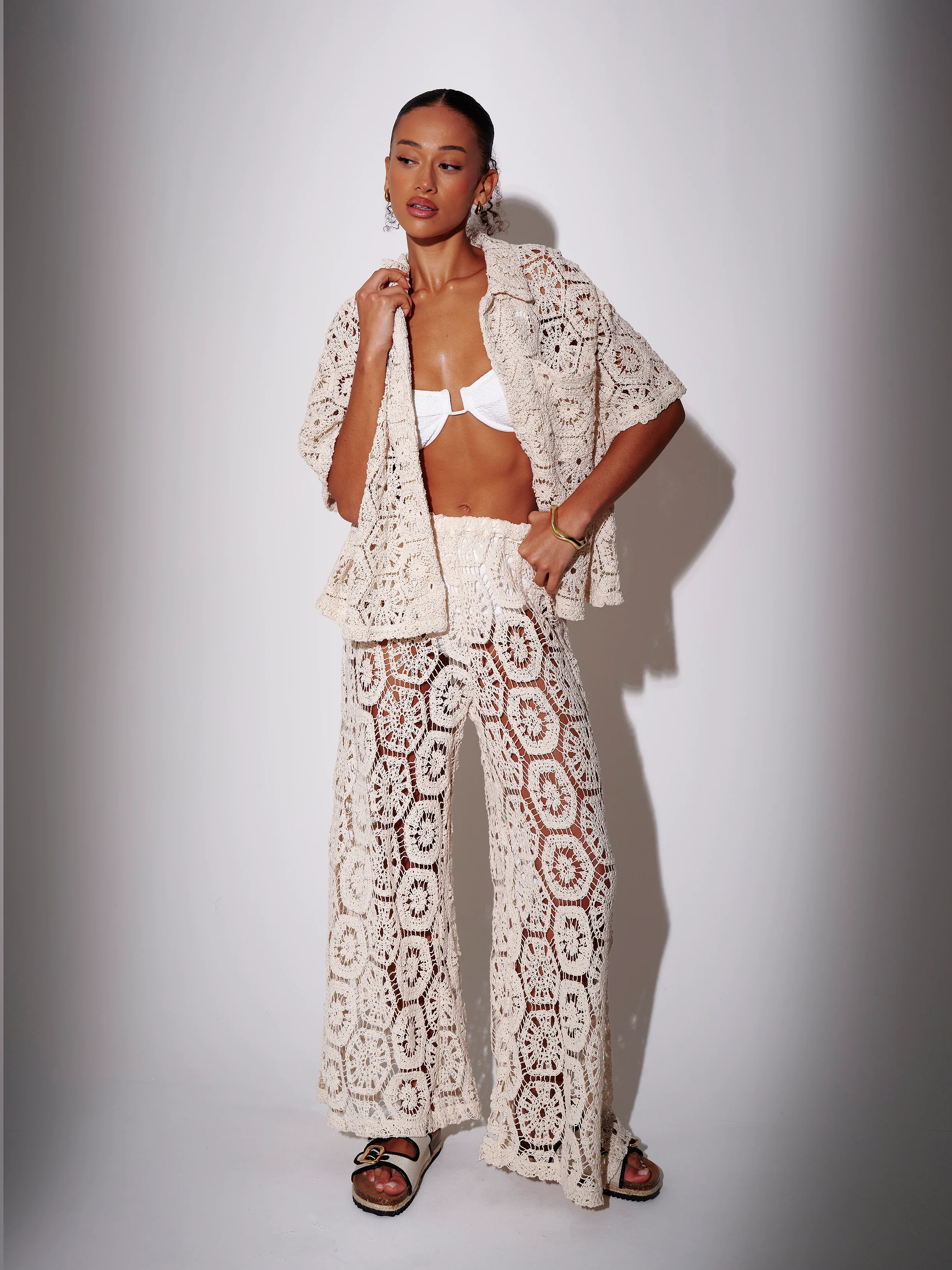 Praya Crochet Beach Trousers in Cream - Image 3