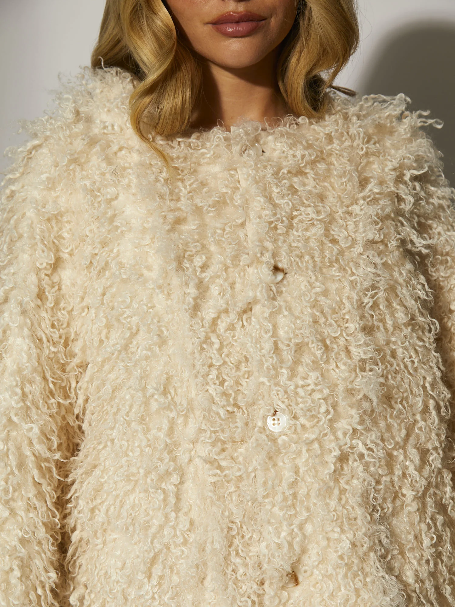 Haven Reversible Mongolian Faux Fur Jacket in Cream - Image 2