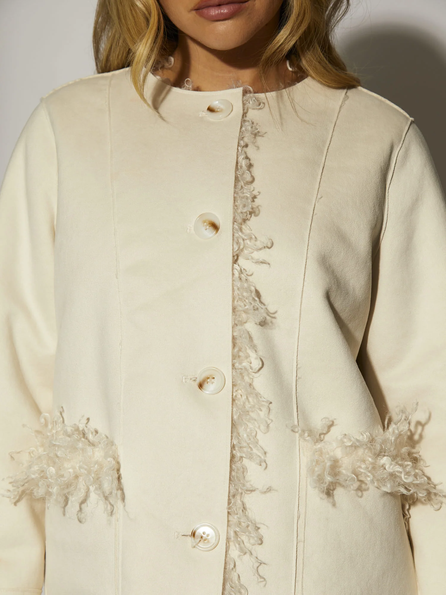 Haven Reversible Mongolian Faux Fur Jacket in Cream - Image 3