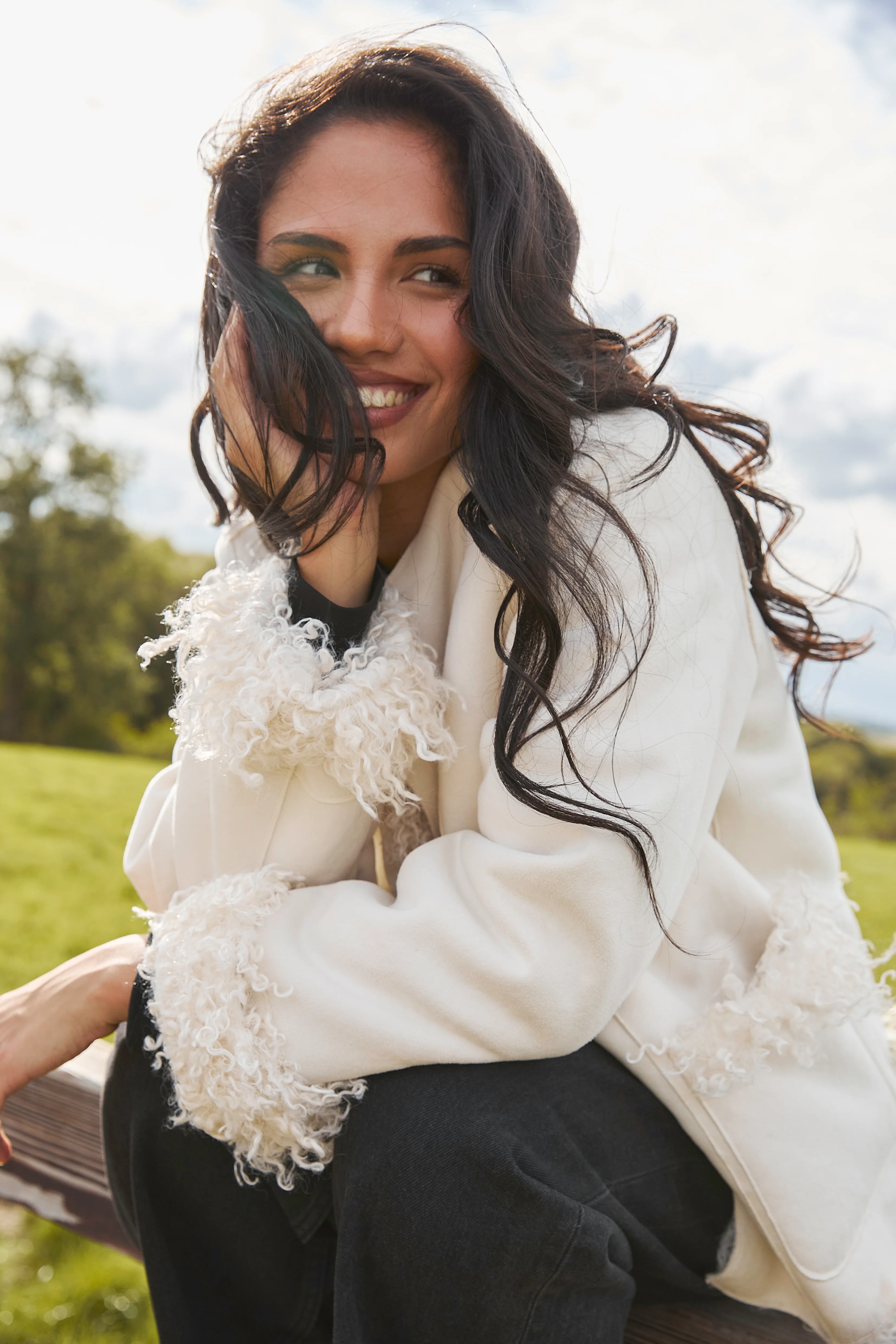 Haven Reversible Mongolian Faux Fur Jacket in Cream - Image 6