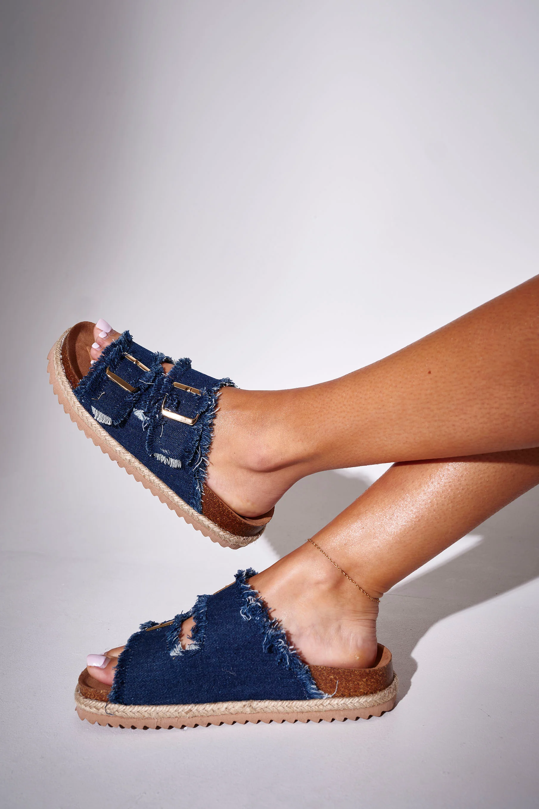 Fringed Denim Double Buckle Espadrilles in Dark Blue - Image 2