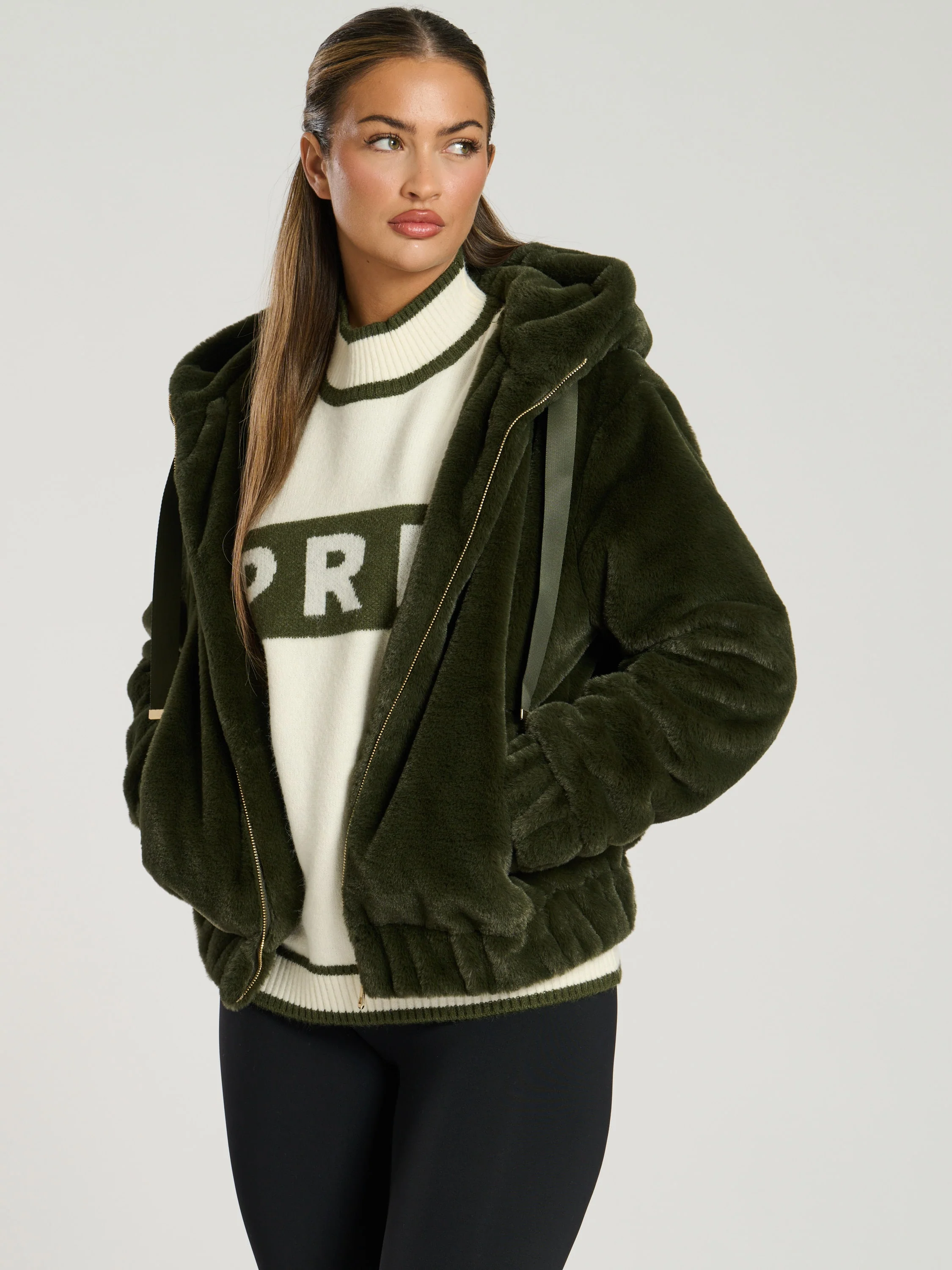 Hibernal Faux Fur Hooded Jacket in Khaki - Image 2