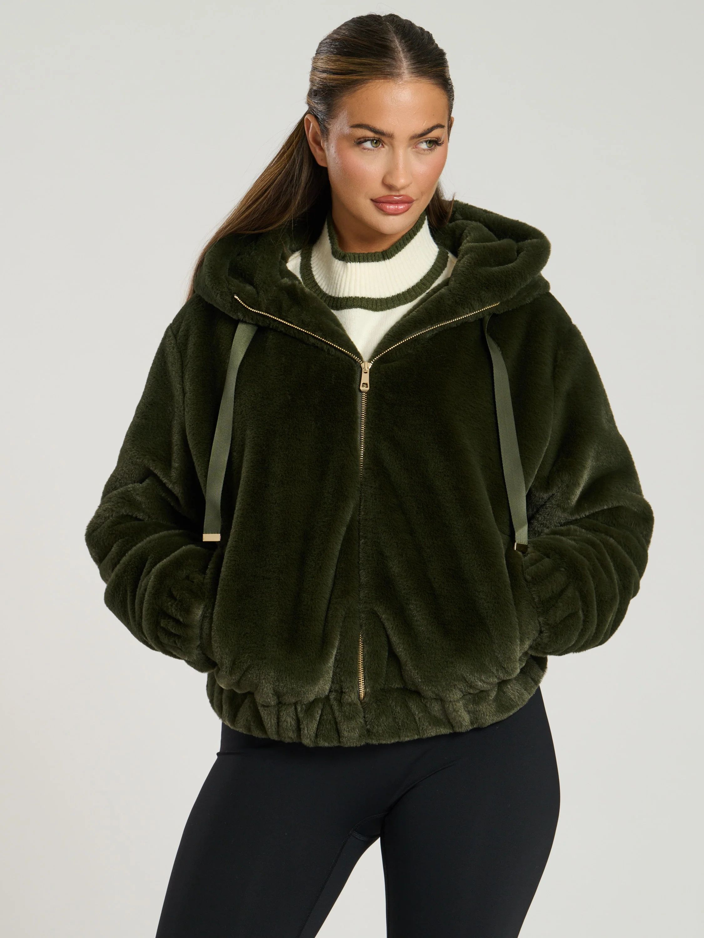 Hibernal Faux Fur Hooded Jacket in Khaki - Image 3