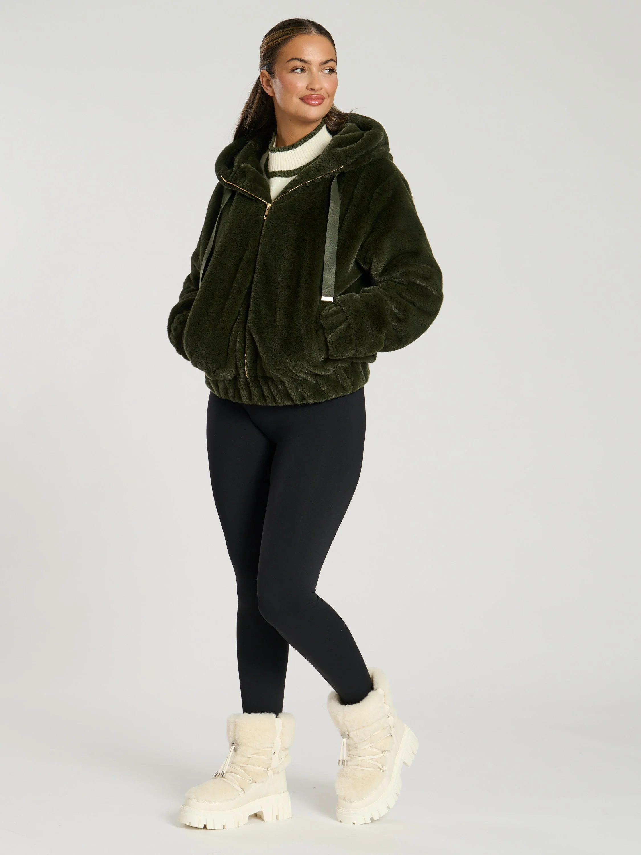 Hibernal Faux Fur Hooded Jacket in Khaki - Image 5