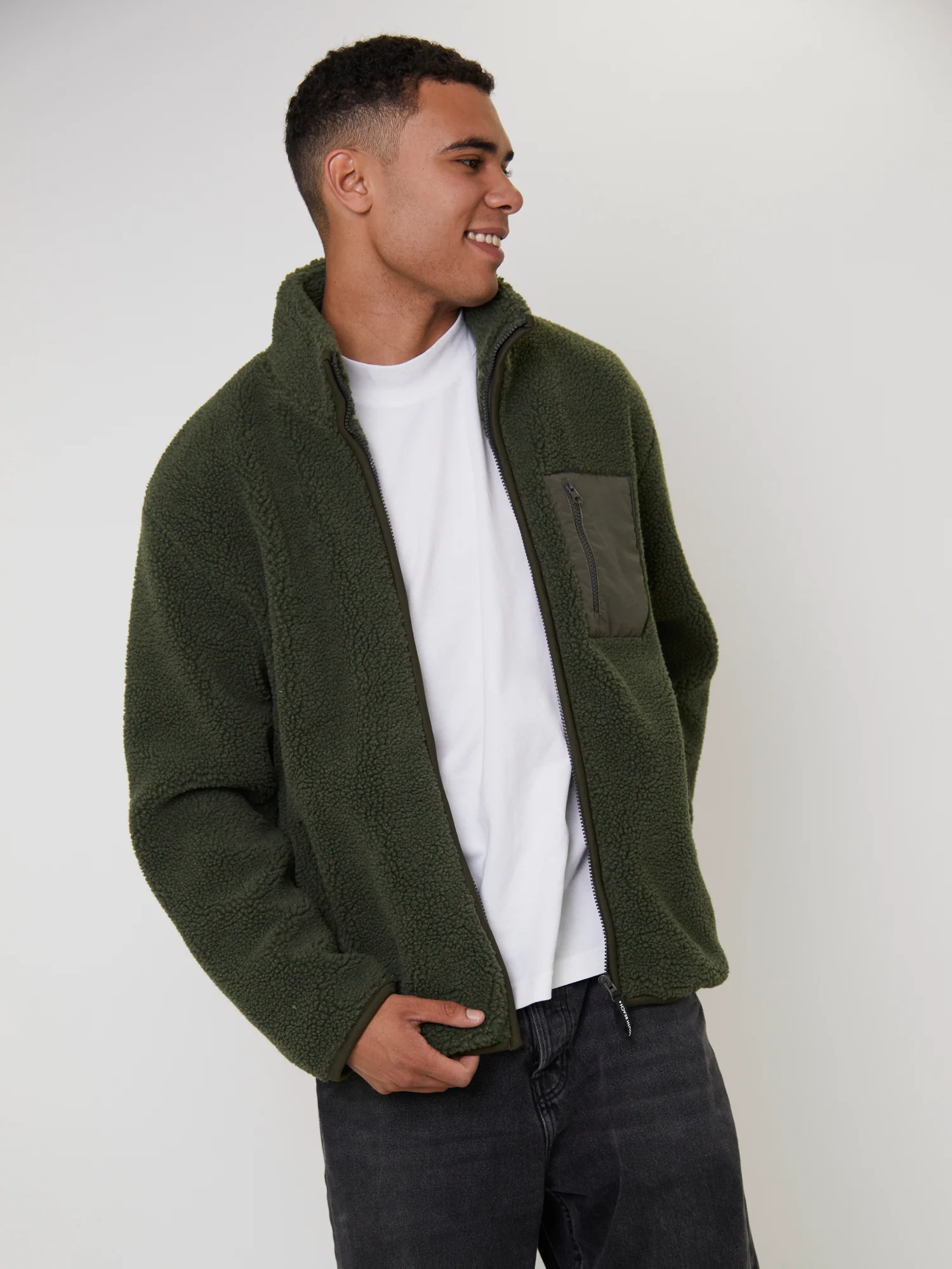 Men's Green Borg Zip Jacket With Pocket - Image 2
