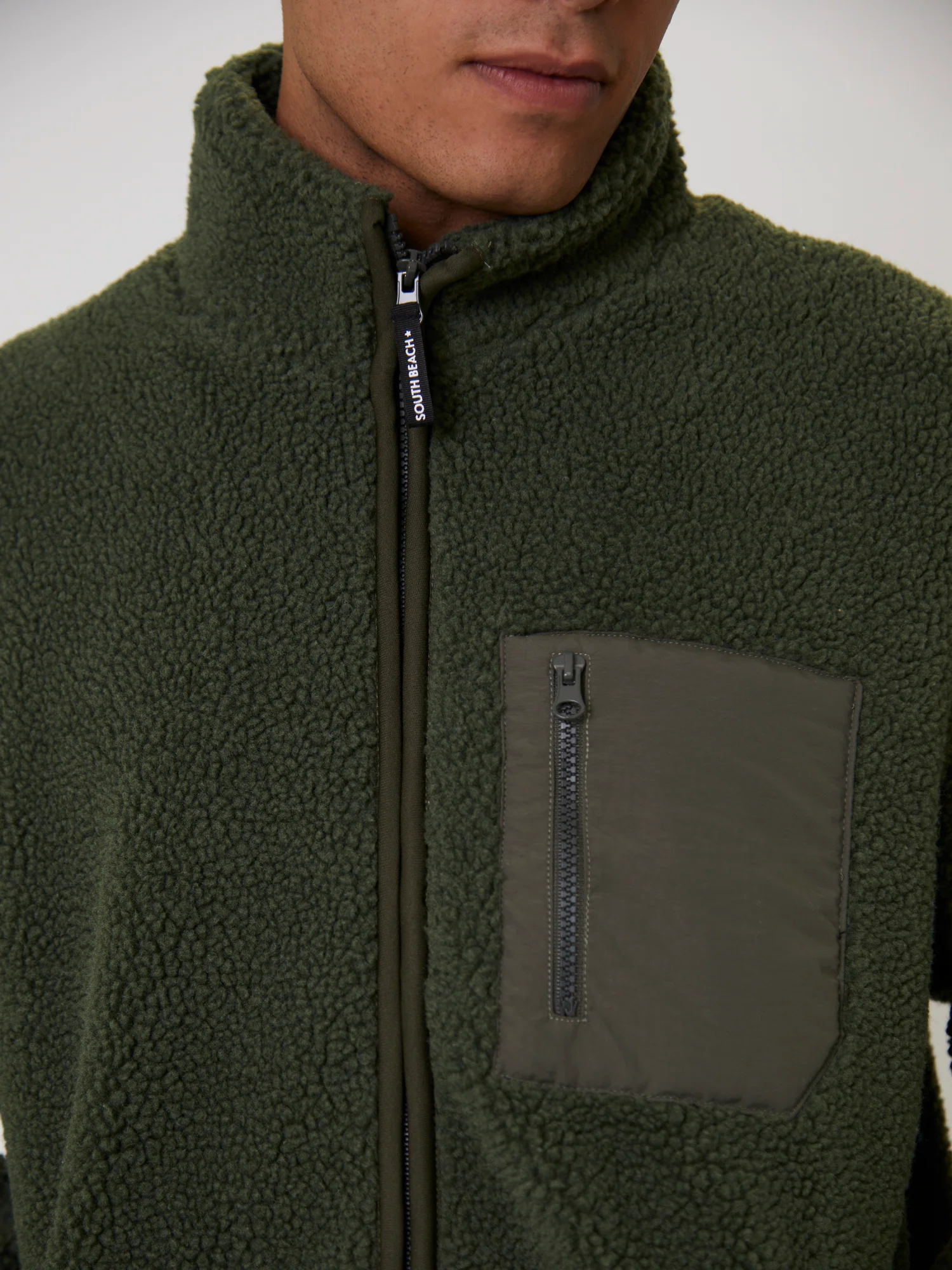 Men's Green Borg Zip Jacket With Pocket - Image 3