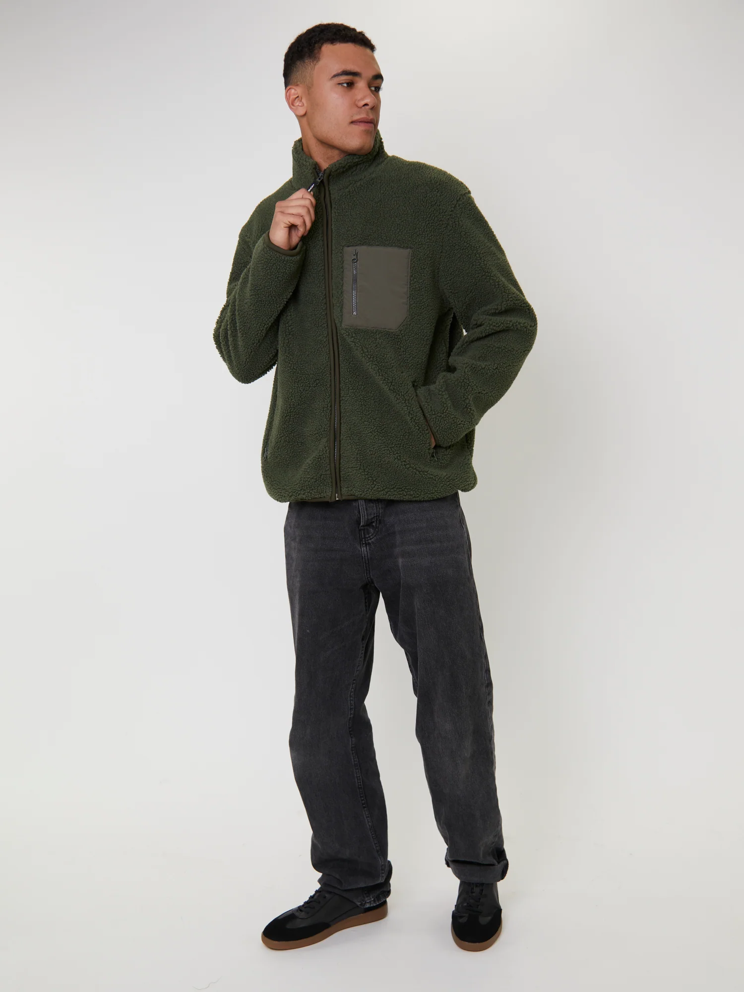 Men's Green Borg Zip Jacket With Pocket - Image 4