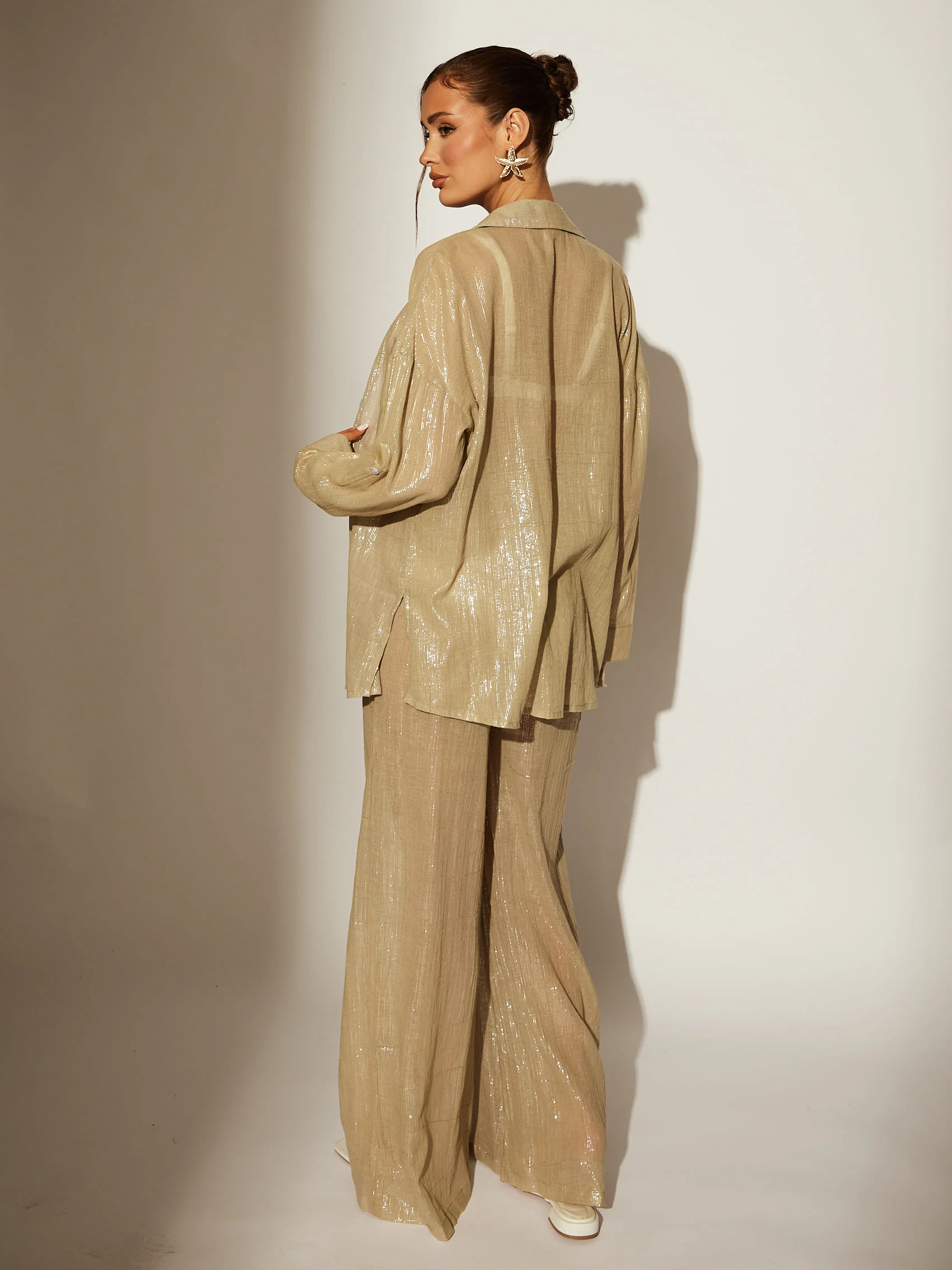 Flow Khaki Metallic Wide Leg Sheer Beach Pant - Image 4