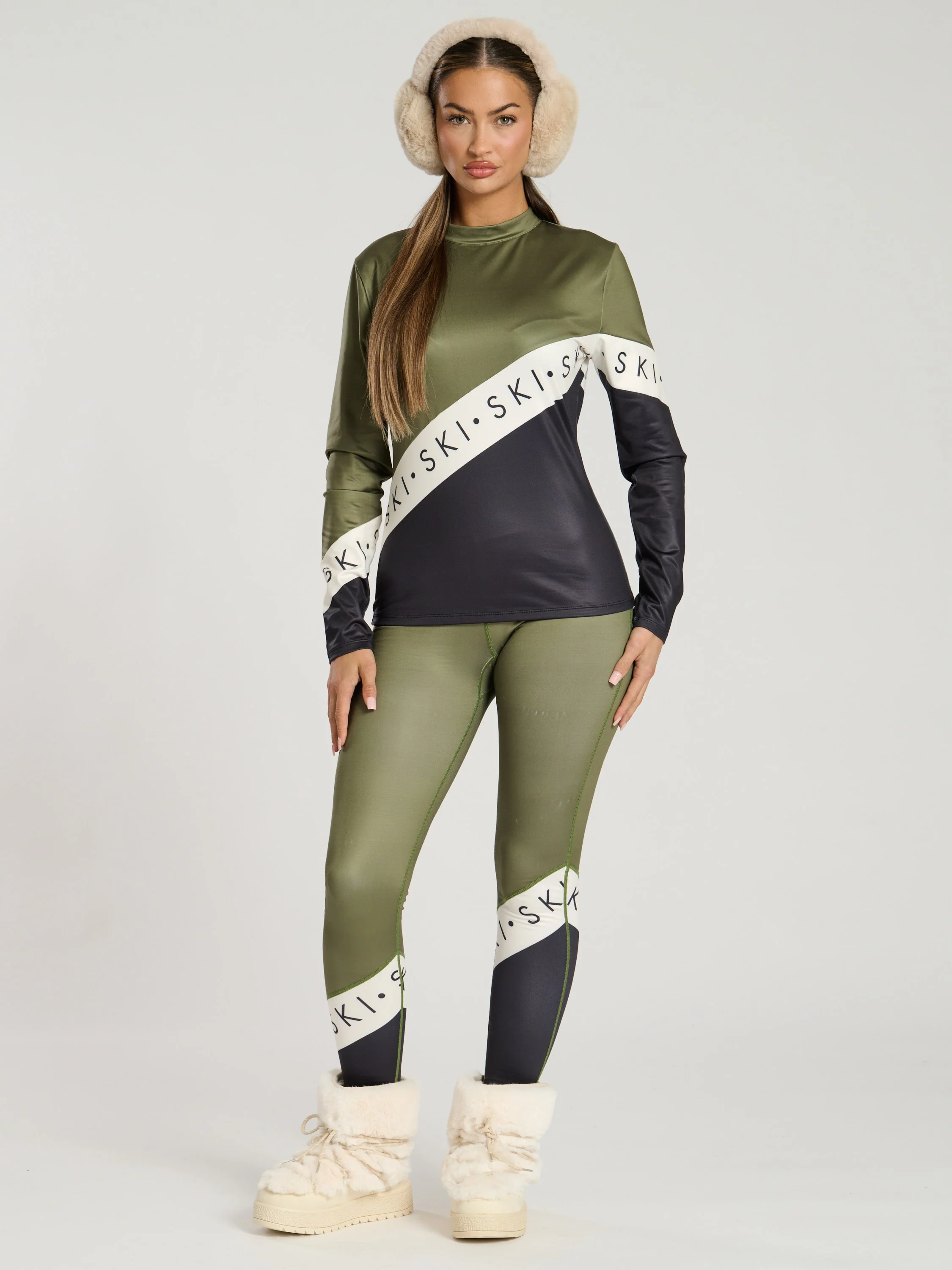 Alpine Ski Slogan Leggings in Olive - Image 2