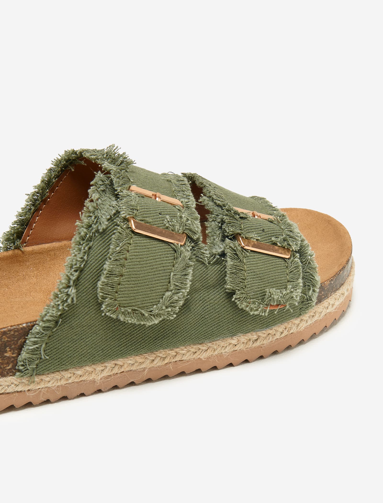 Khaki Fringed Double Buckle Denim Espadrilles - Image 3