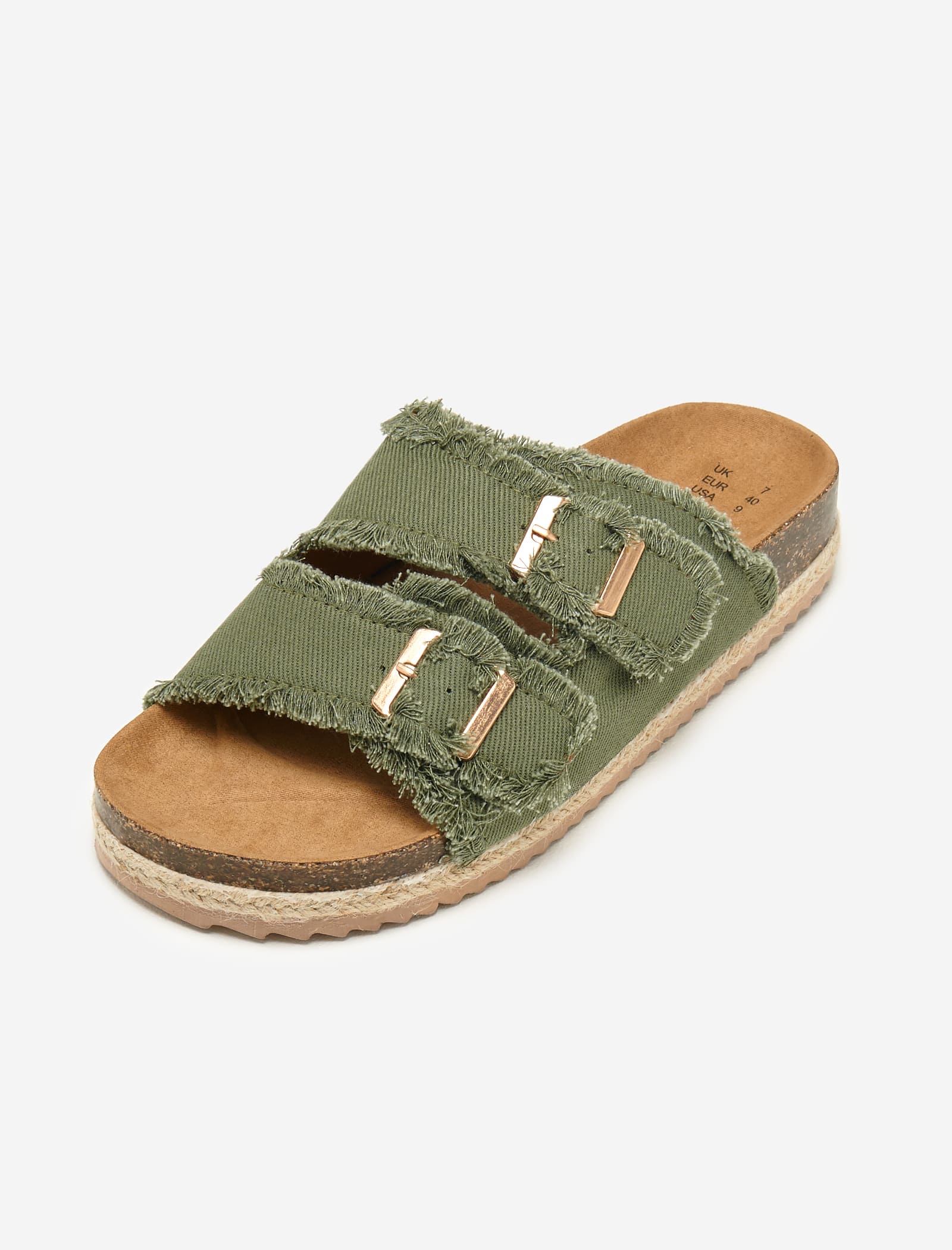 Khaki Fringed Double Buckle Denim Espadrilles - Image 4