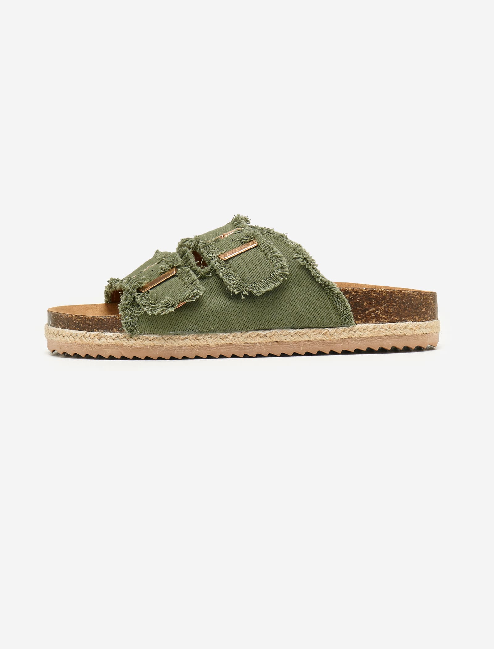 Khaki Fringed Double Buckle Denim Espadrilles - Image 5