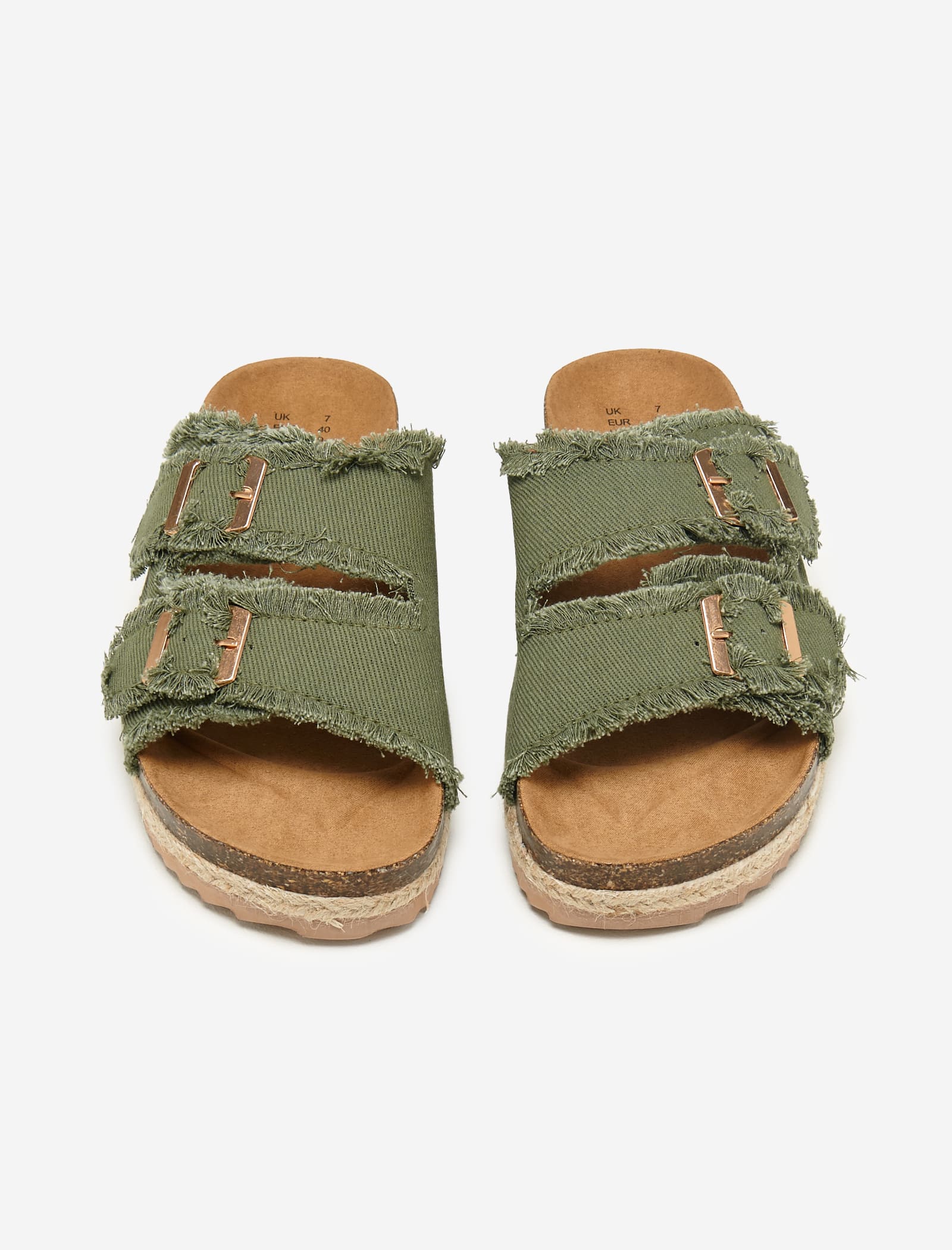 Khaki Fringed Double Buckle Denim Espadrilles - Image 6