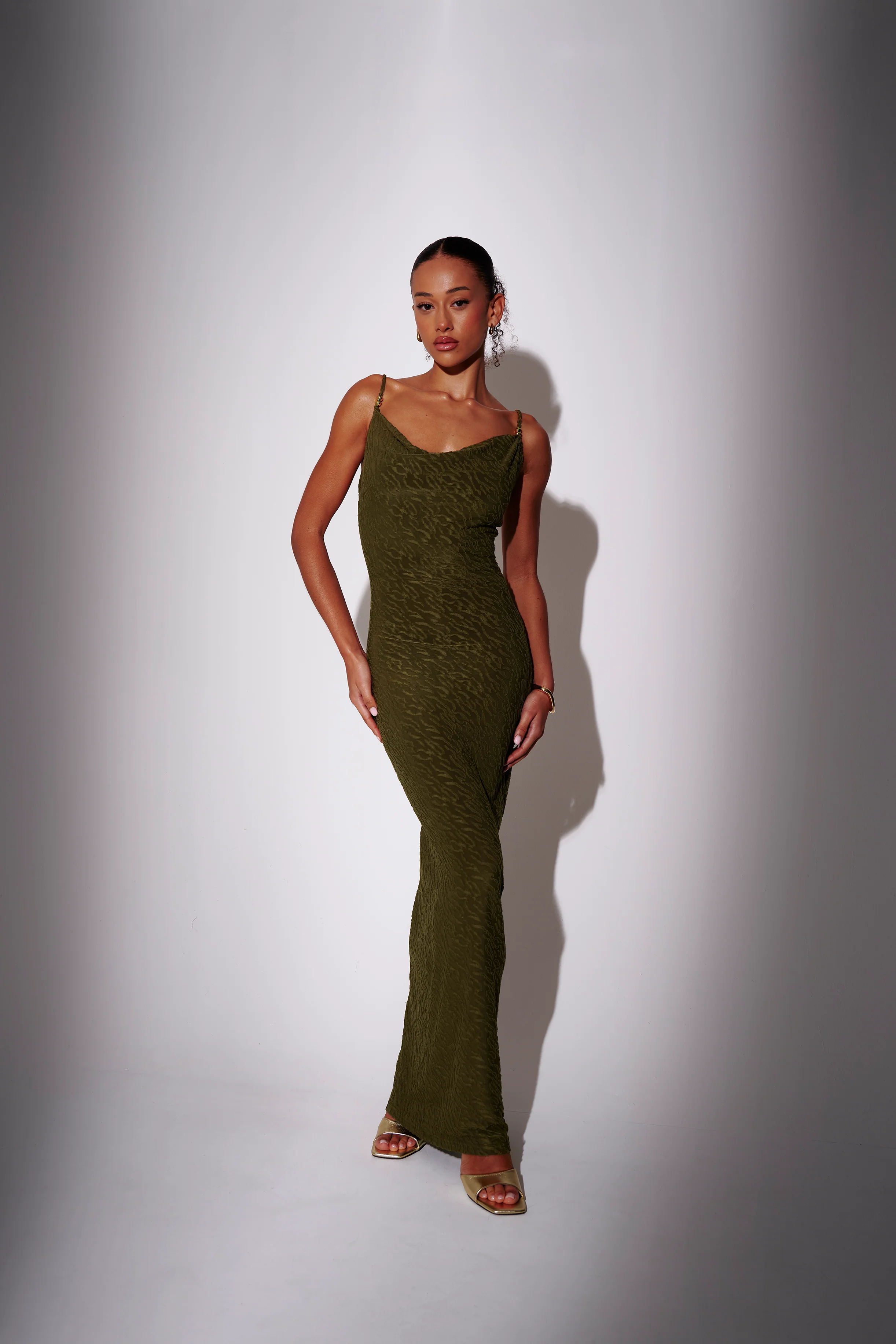 Evelyn Textured Maxi Dress in Khaki - Image 2