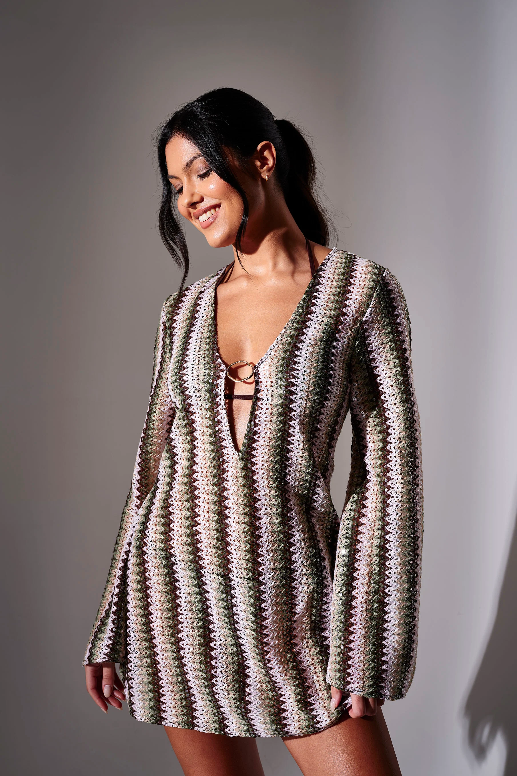 Hazel Sequin Crochet Kaftan Dress in Olive & Brown - Image 2