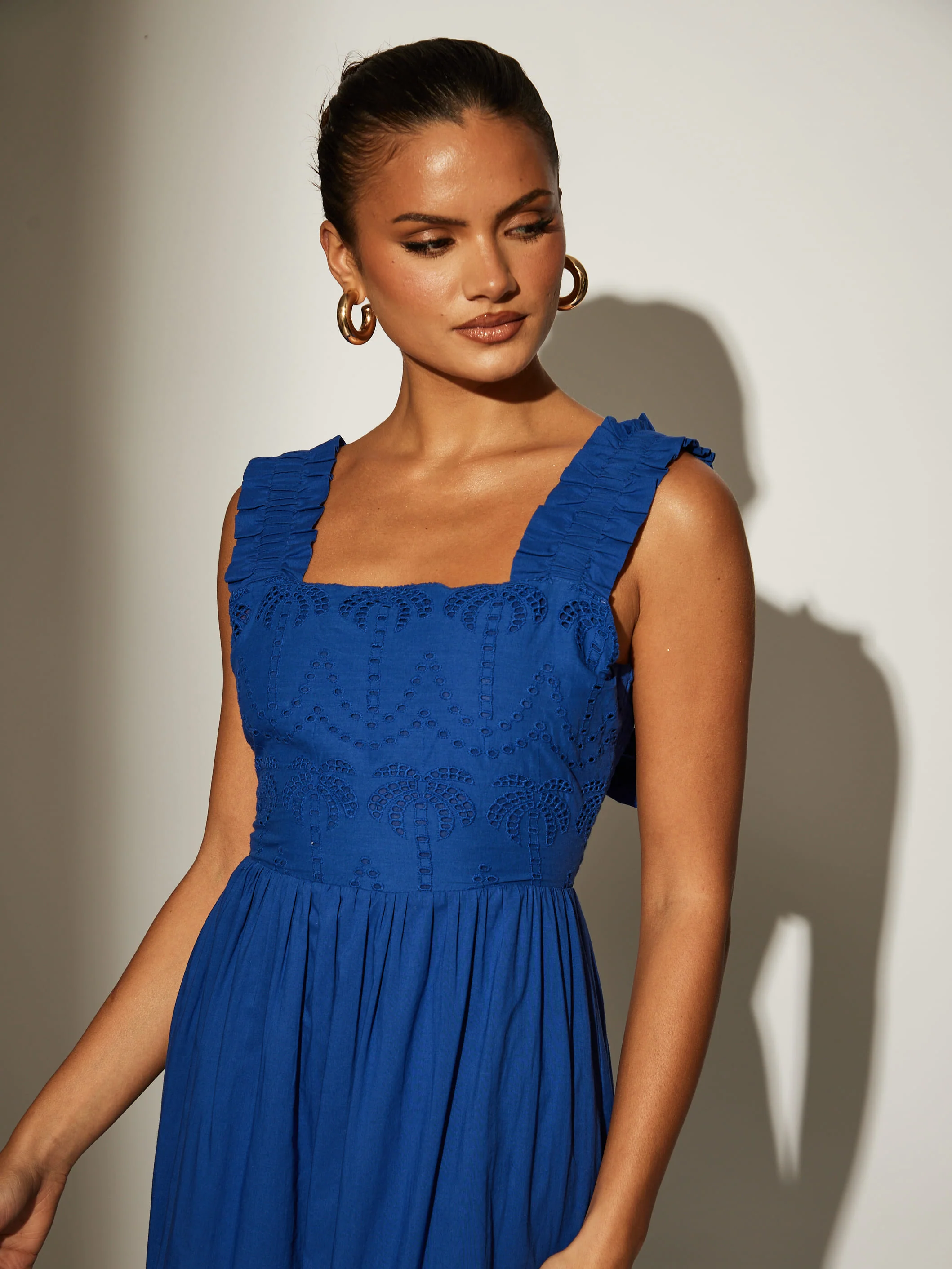 Palm Broderie Tie Back Maxi Dress in Cobalt Blue - Image 2