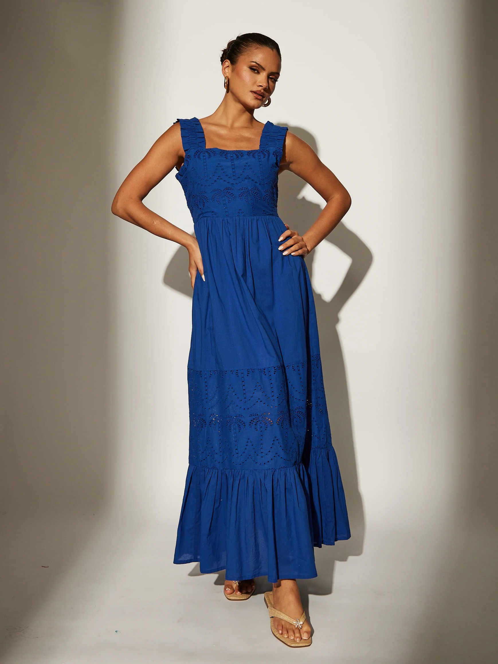 Palm Broderie Tie Back Maxi Dress in Cobalt Blue - Image 3