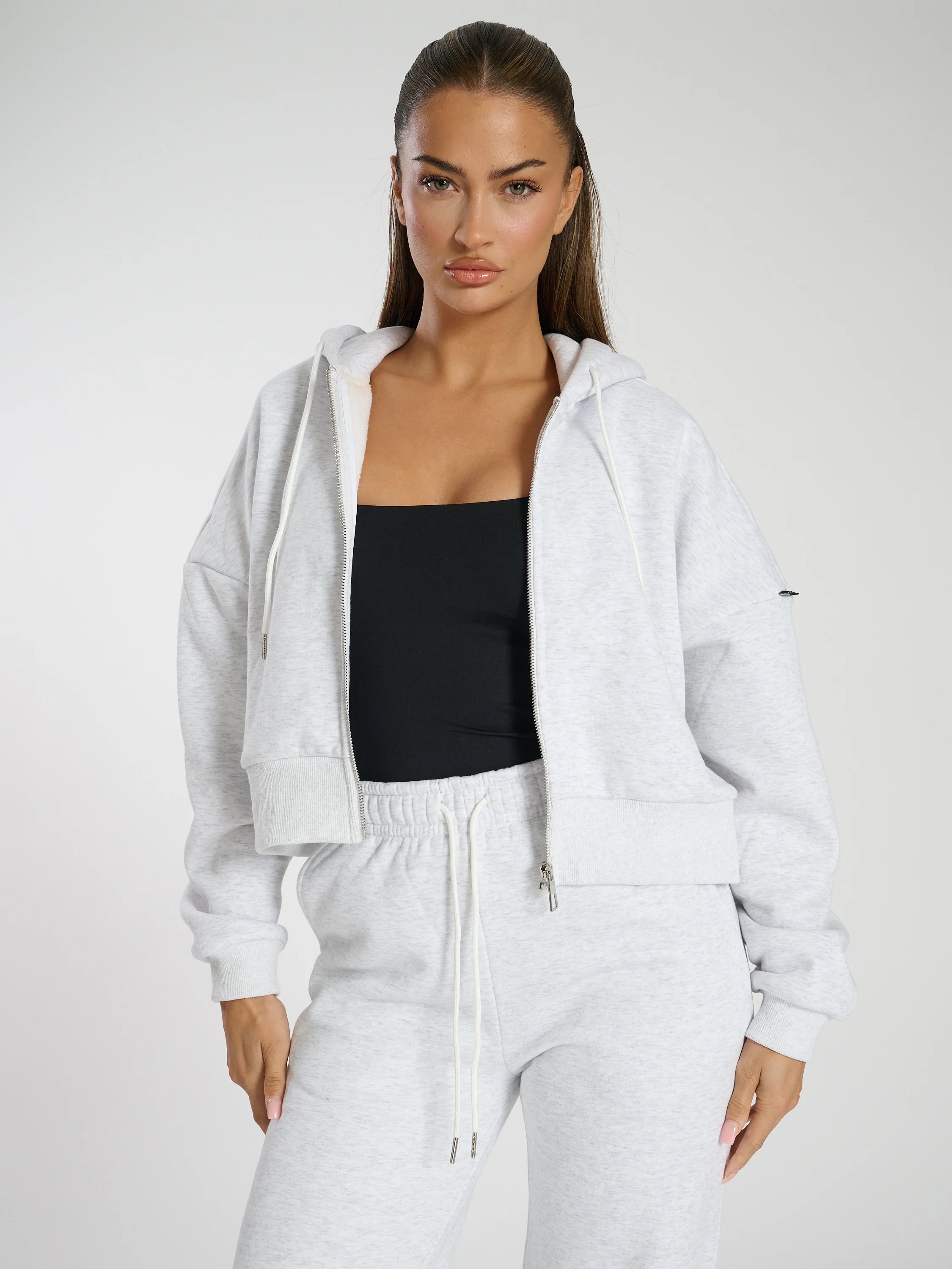 Slouch Cropped Funnel Neck Zip Up Sweat in Grey - Image 3