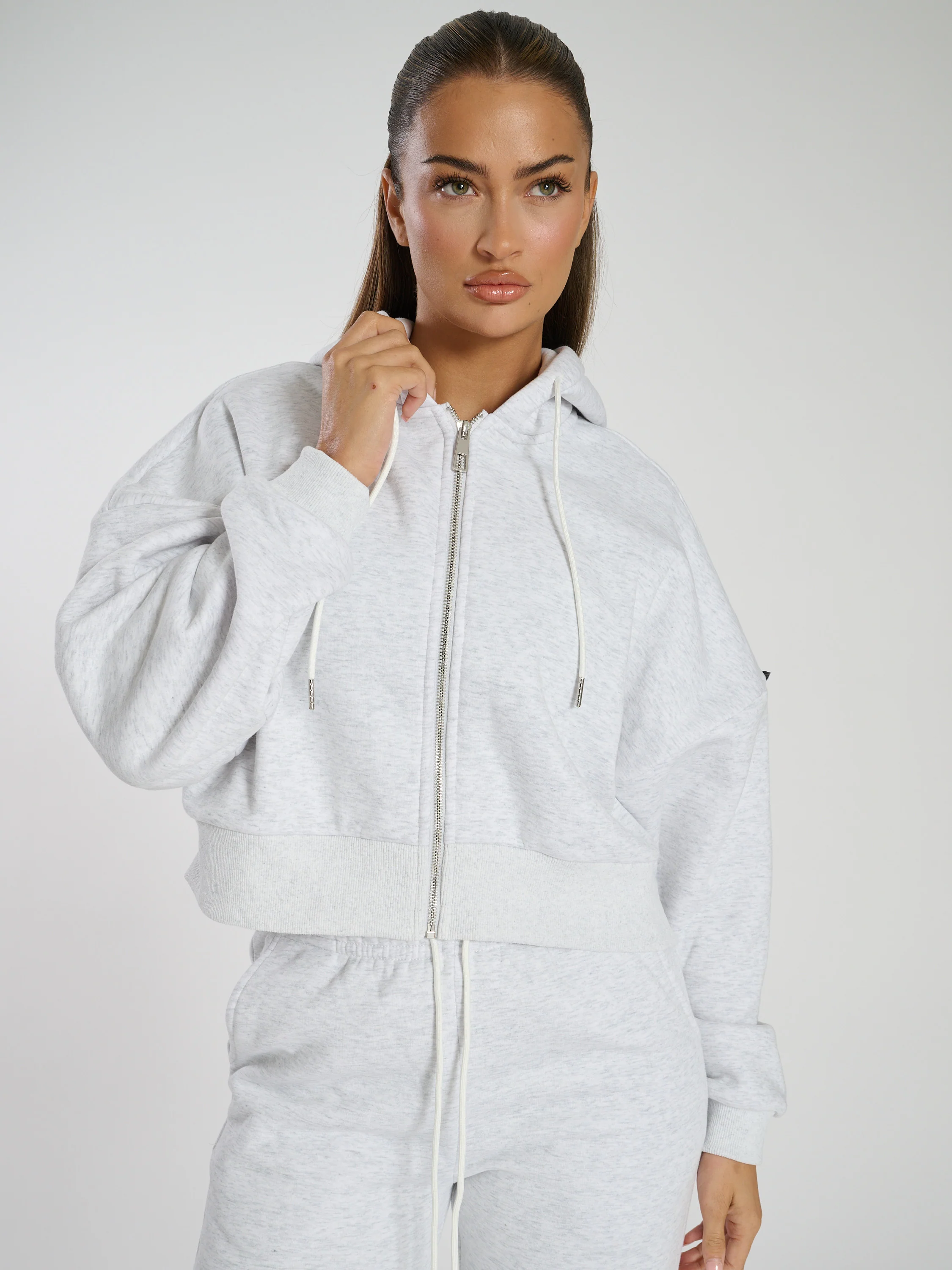 Slouch Cropped Funnel Neck Zip Up Sweat in Grey - Image 4