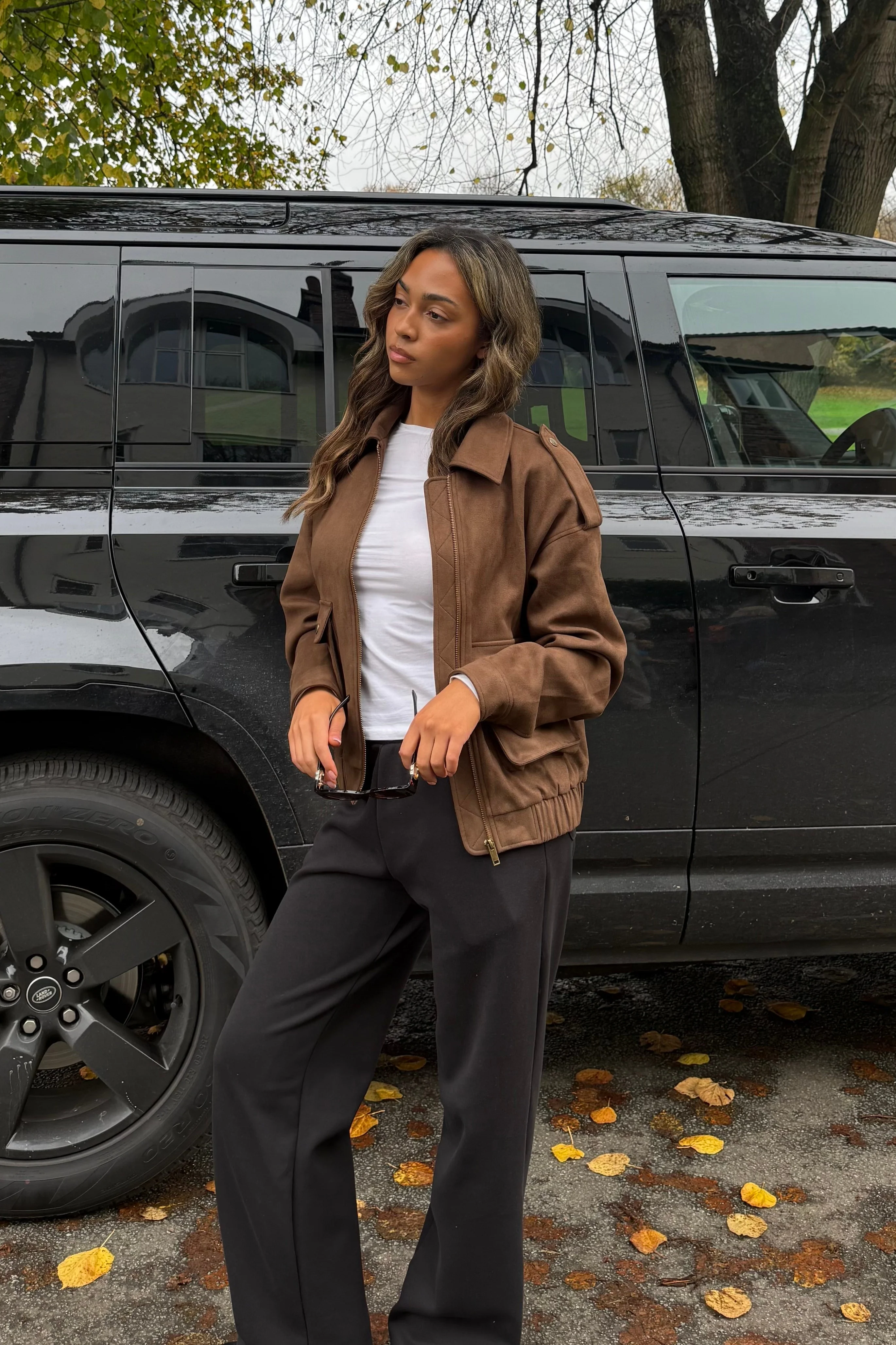 Avalon Faux Suede Bomber Jacket  in Brown - Image 3