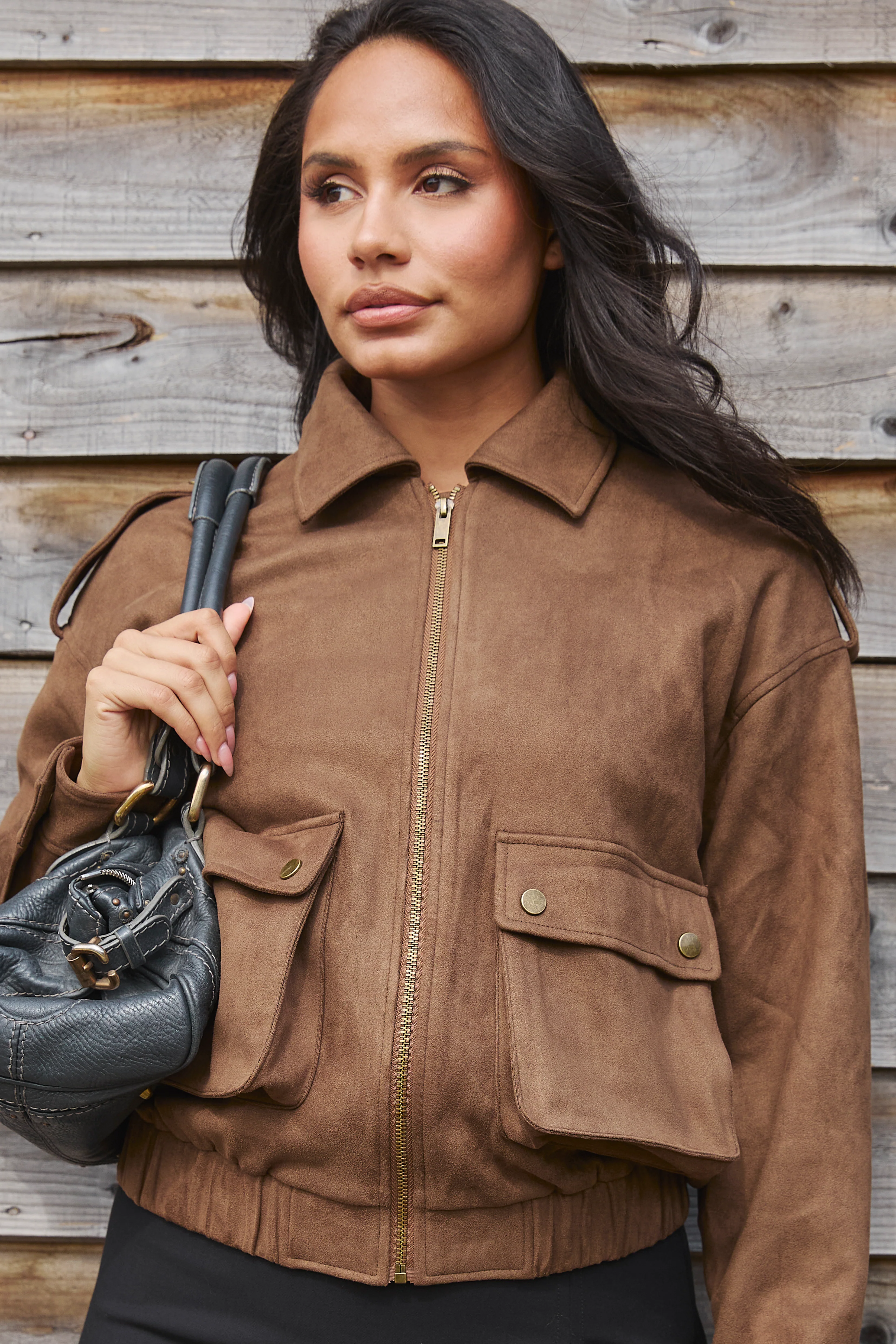 Avalon Faux Suede Bomber Jacket  in Brown - Image 4