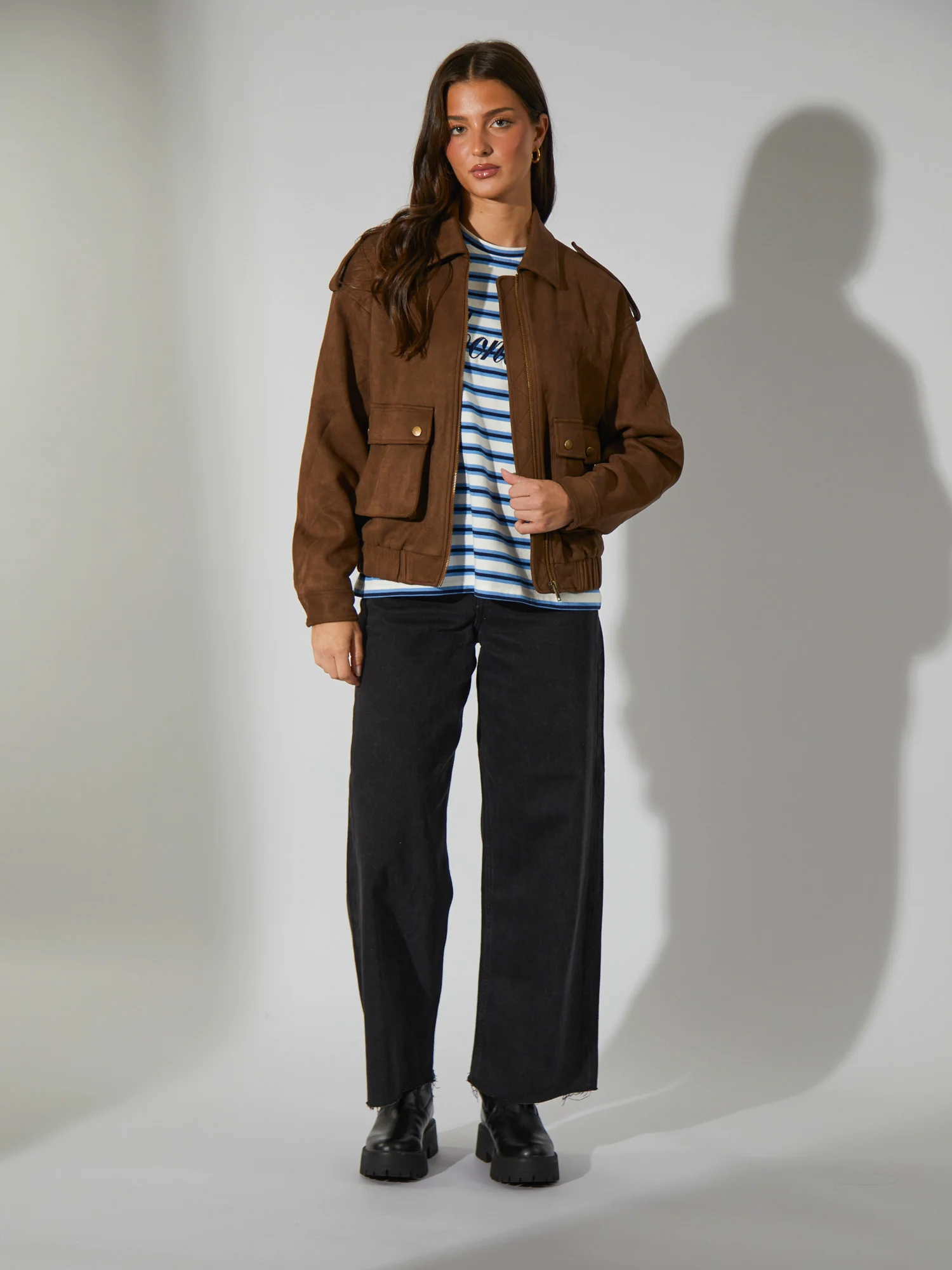 Avalon Faux Suede Bomber Jacket  in Brown - Image 5
